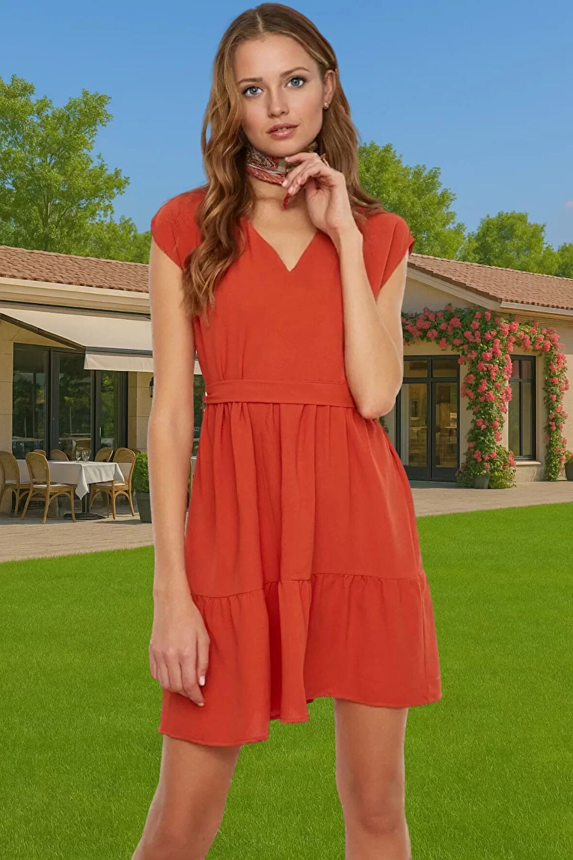 Rahat Günlük Mini Elbise Polyester Dokuma Kumaş V Yaka Bel Detaylı Yüksek Kalite Premium Kalite