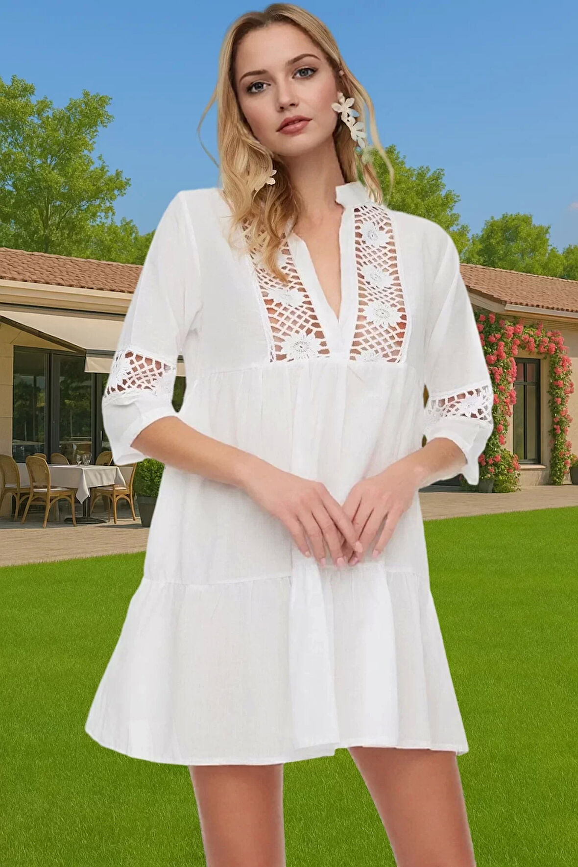 Pamuklu Dantelli V Yaka Mini Yazlık Plaj Elbisesi Kadın Zarifane Tasarım Modern Stil Yüksek Kalite