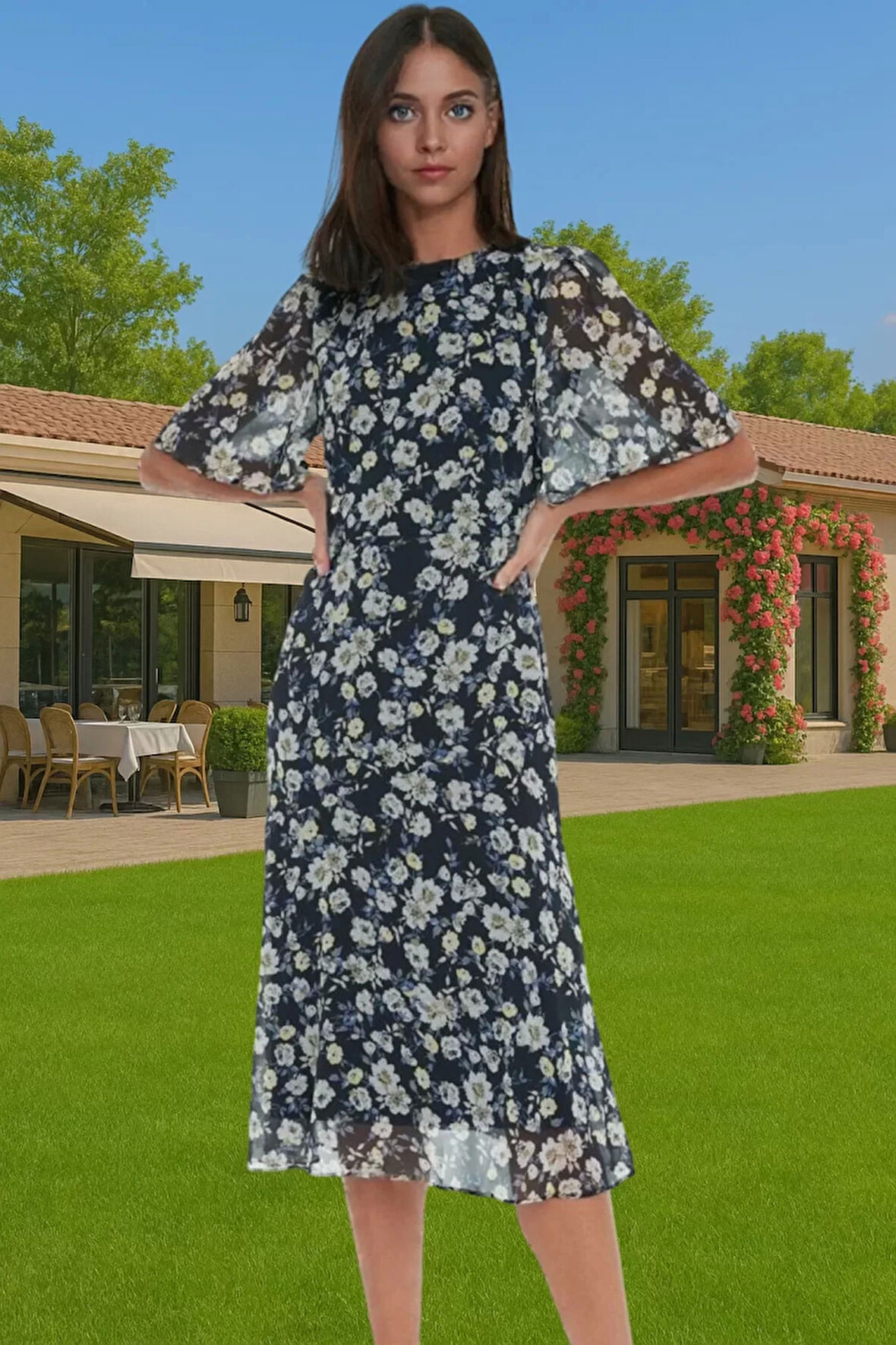 Polyester Midi Elbise Şifon Kumaş A Kesim Melek Kol Astarlı Zarifane Tasarım Trend Tasarım