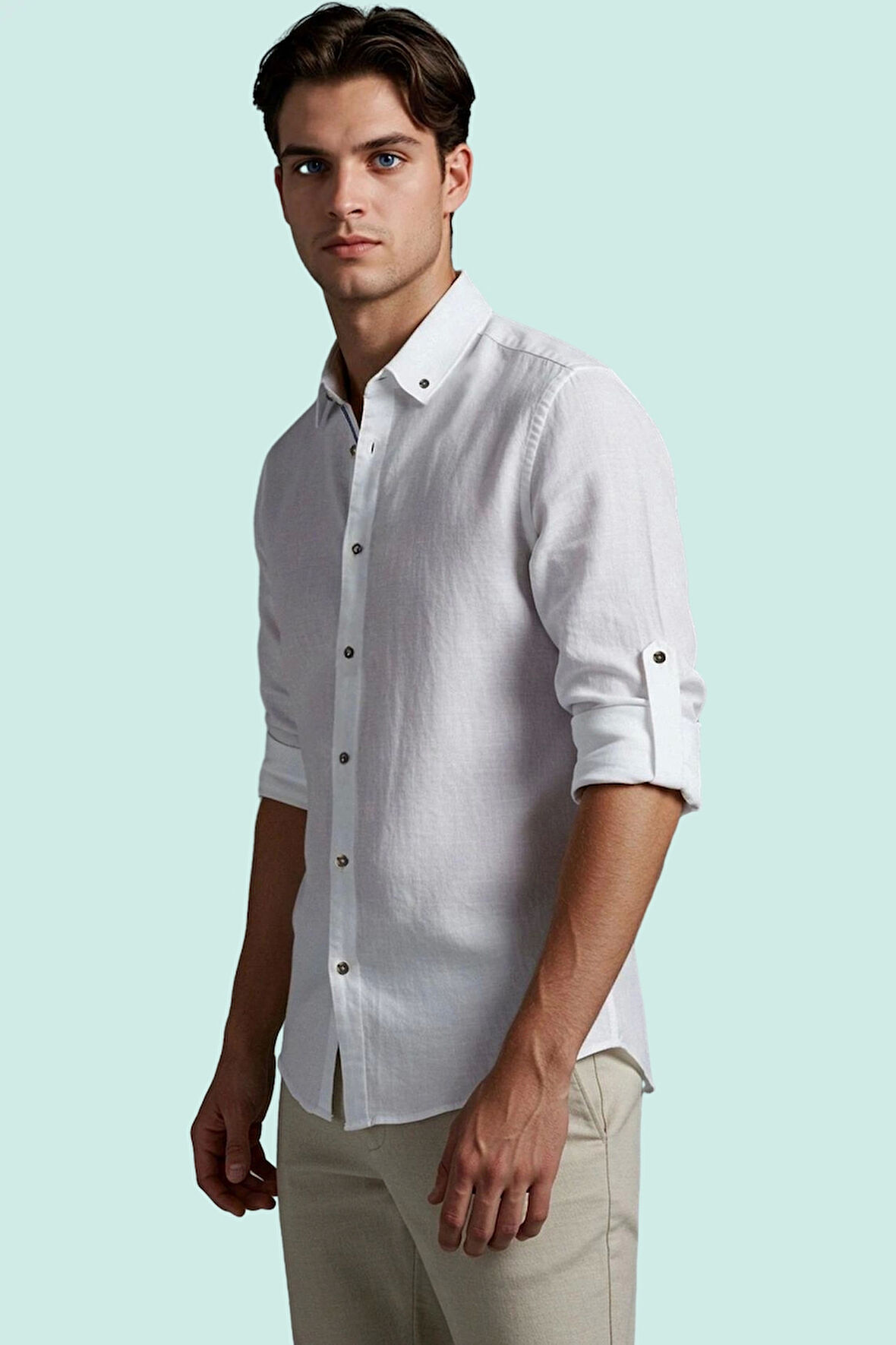 Erkek Gömleği Pamuk Düğmeli Slim Fit Keten Görünümlü Apolet Detayı Yaz Aylarının Vazgeçilmezi