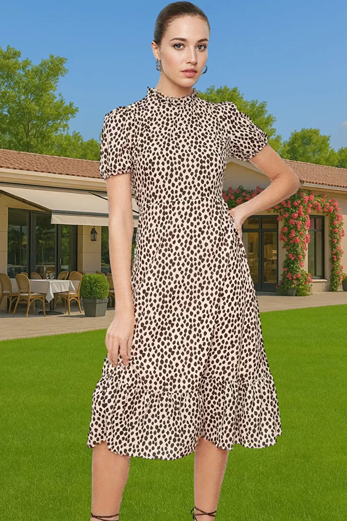 Feminen A Kesim Çiçekli Midi Elbise Polyester Dokuma Kısa Balon Kol Rahat Kullanım Rahat Ve Şık