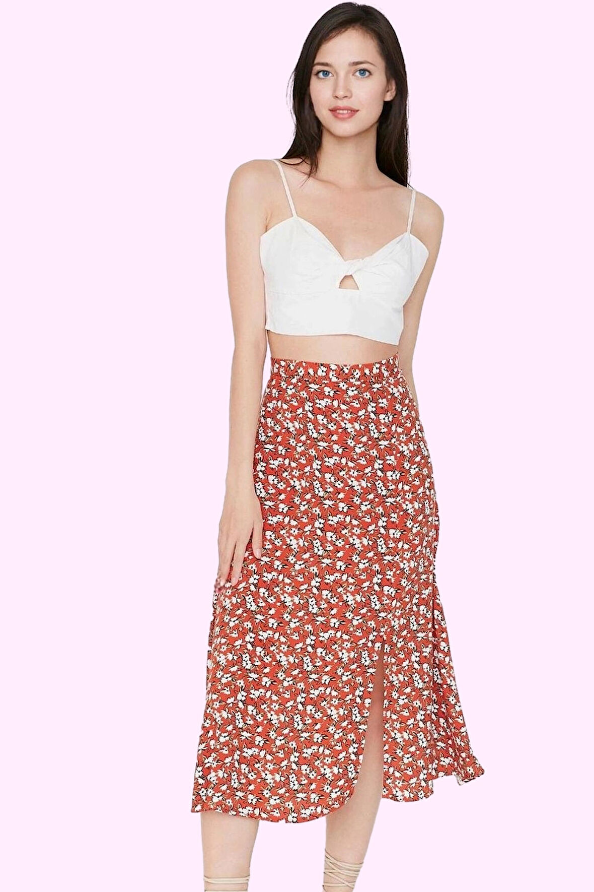 Kadın A line Midi Etek Dokuma Kumaş Viskoz Cepsiz Çiçek Desenli Günlük Yaz Aylarının Vazgeçilmezi