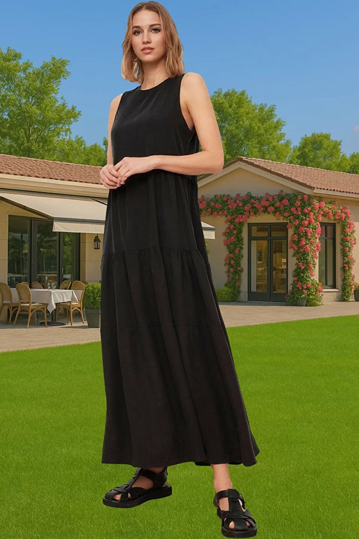 Düz Kesim Kolsuz Viskoz Maxi Elbise Yaz Aylarına Özel Tasarım Premium Kalite Yüksek Kalite