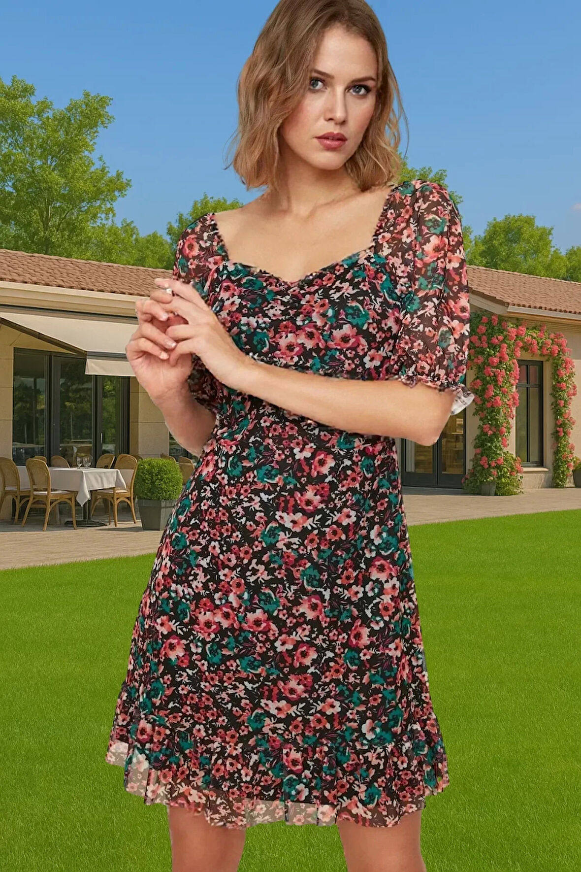 Kadın Mini Elbise Çiçek Desenli Tül Örme Yazlık Astarlı Premium Kalite Premium Kalite Seçkin Malzeme