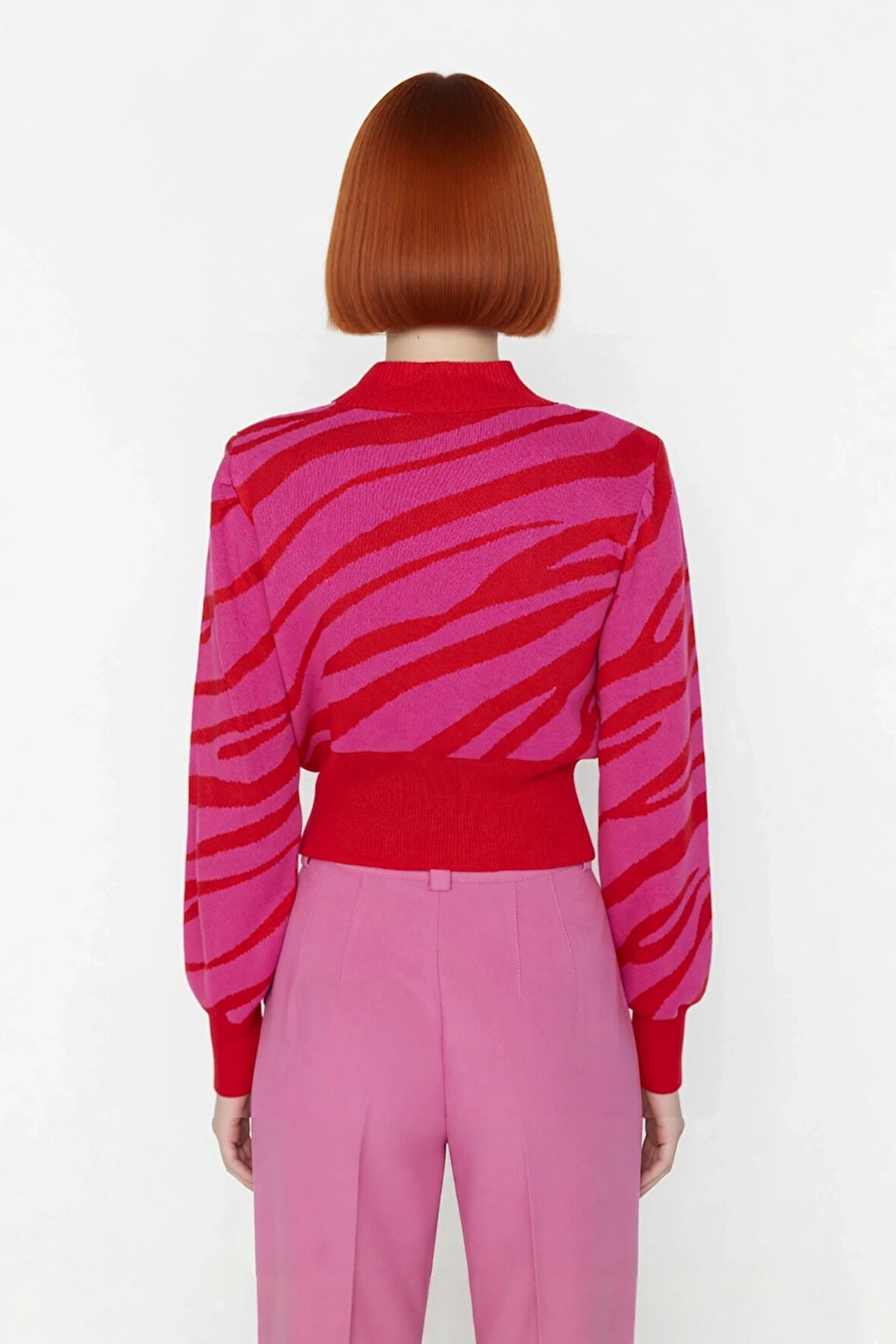 Kadın Basic Regular Kalıp Zebra Desenli Dik Yaka Crop Triko Kazak Günlük Giyimde İddialı Kaliteli