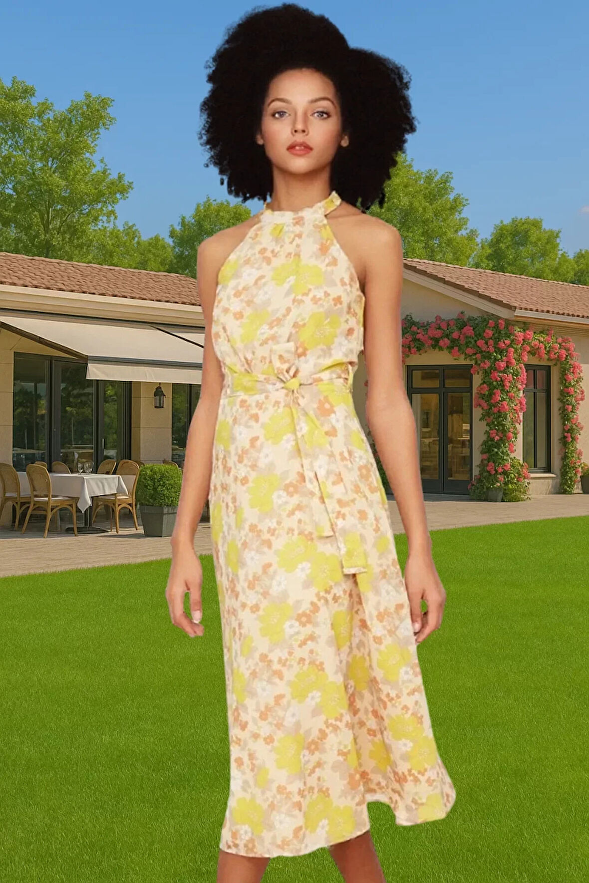 Yazlık Çiçekli A Kesim Bel Kuşaklı Midi Dokuma Elbise Modern Stil Özenle Seçilmiş Seçkin Malzeme