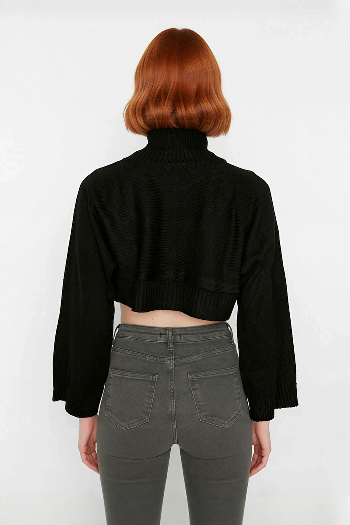 Kadın Ekru Oversize Süper Crop Dik Yaka Triko Kazak Düşük Kol Kışlık Güncel Moda Trendi Kaliteli