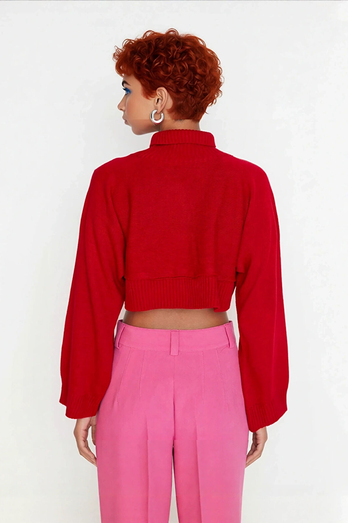 Kadın Ekru Oversize Süper Crop Dik Yaka Triko Kazak Düşük Kol Kışlık Güncel Moda Trendi Kaliteli