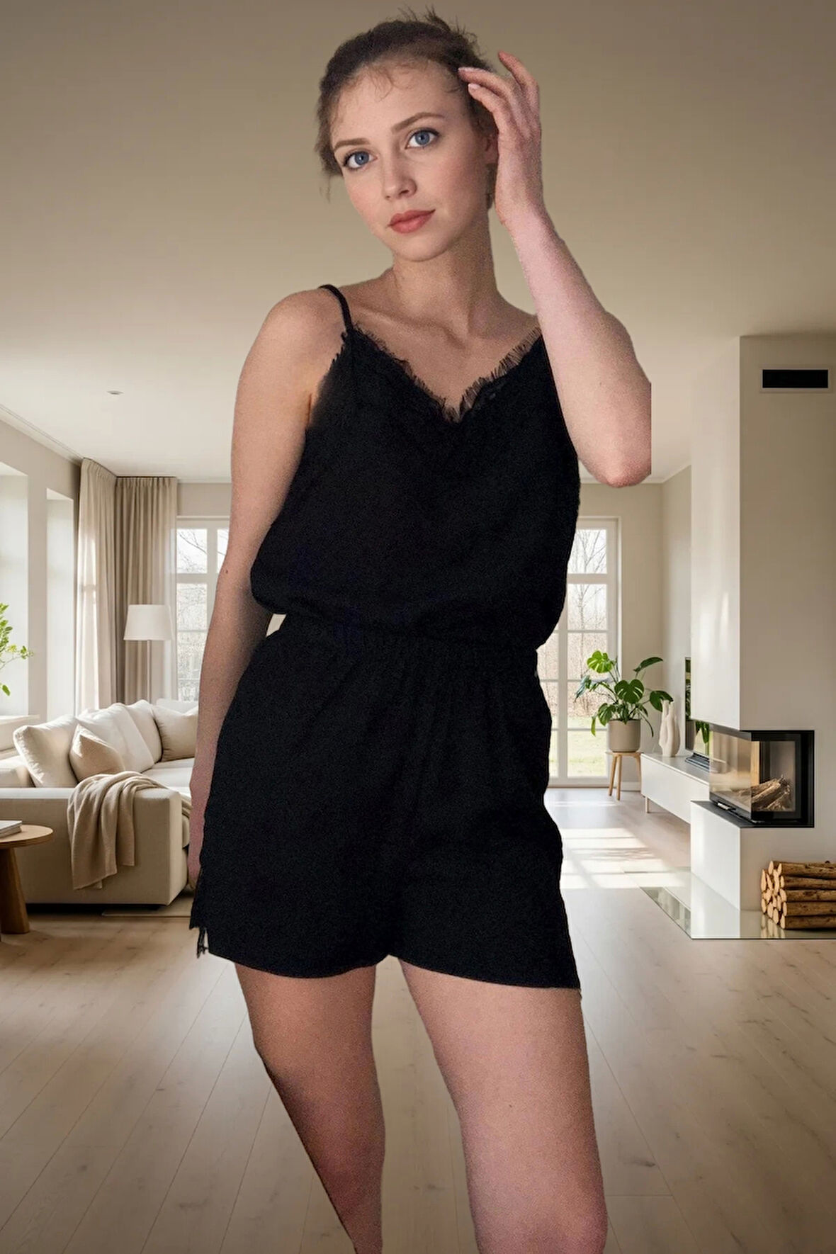 Yazlık Viskoz Pijama Takımı Dantelli Şortlu İnce Askılı Homewear Rahat Kullanım