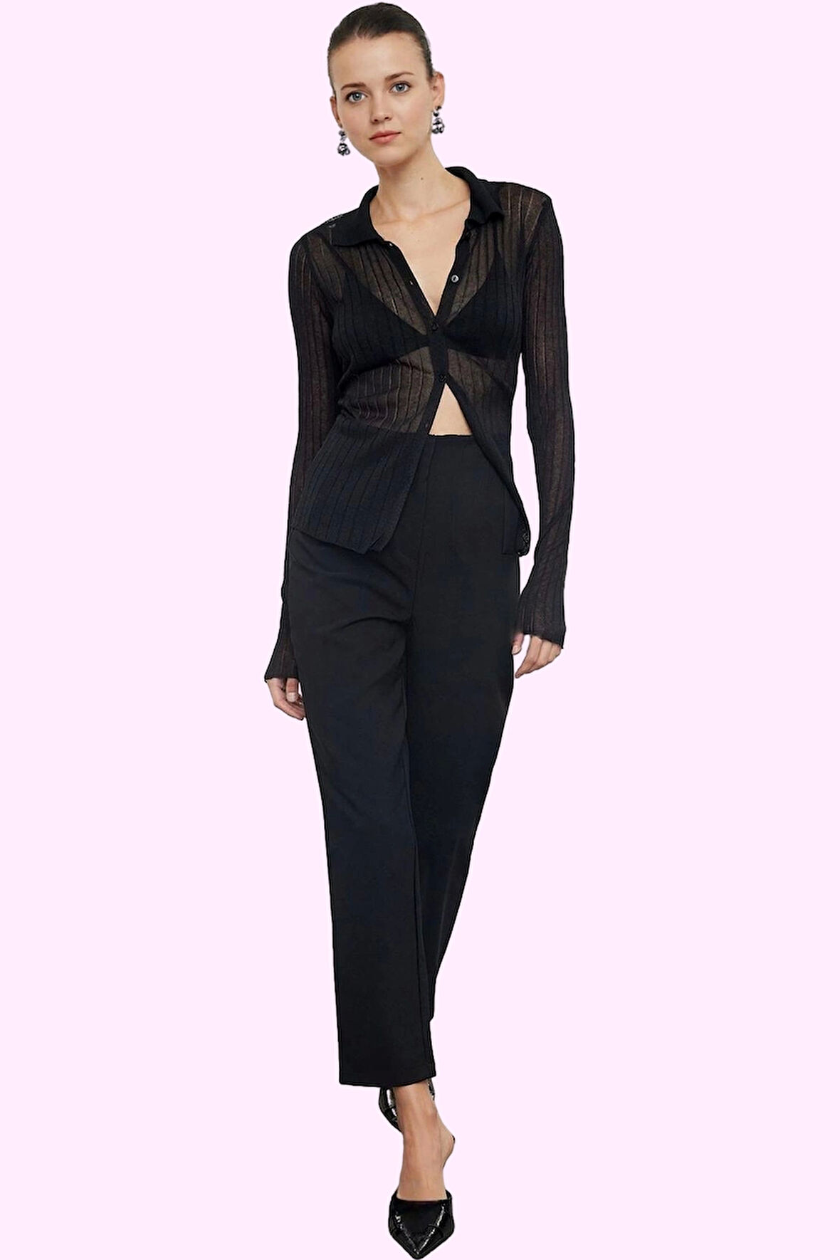 Kadın Polyester Elastan Dokuma Pantolon Yüksek Bel Cigarette Kalıp Tüm Sezonlar Günlük Kullanım