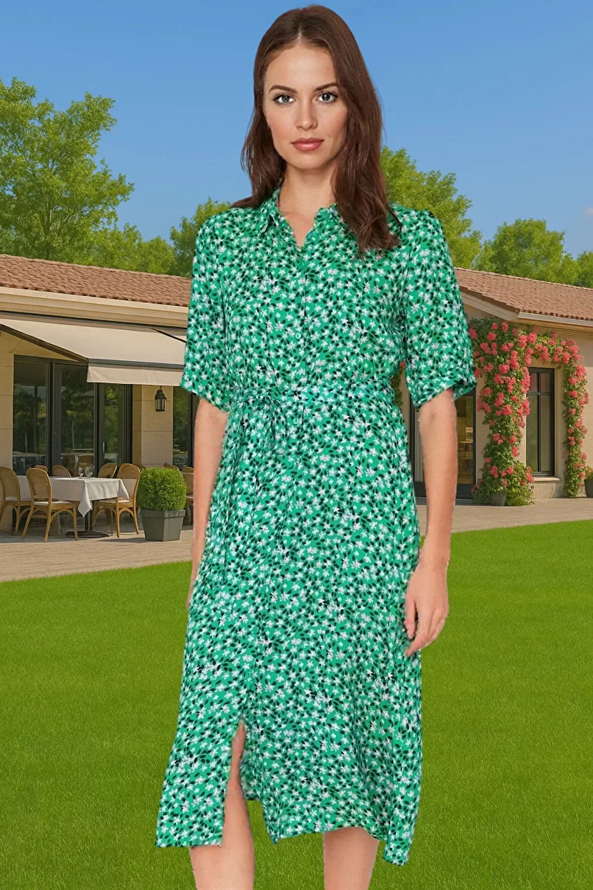 Kadın Yazlık Midi Gömlek Elbise Animal Desenli Viskoz Kumaş Rahat Kalıp Modern Stil Seçkin Malzeme