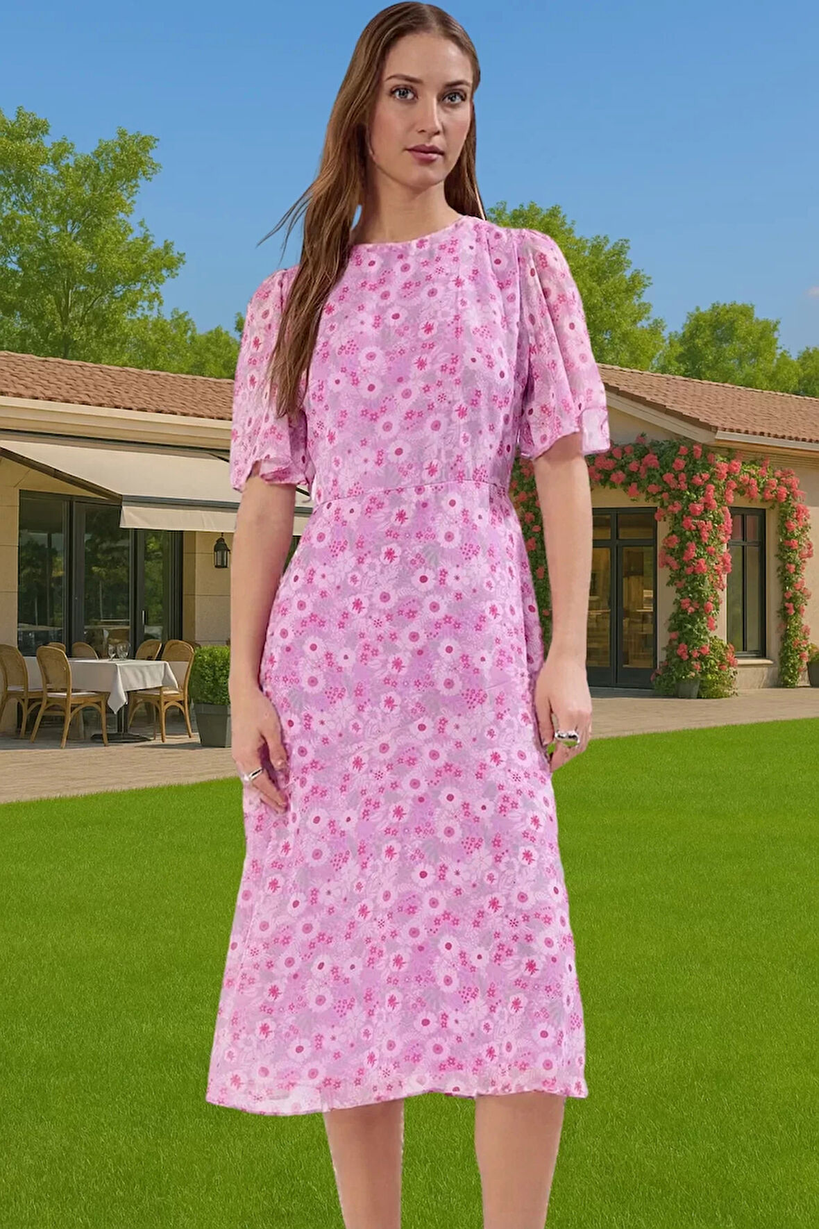 Polyester Midi Elbise Şifon Kumaş A Kesim Melek Kol Astarlı Zarifane Tasarım Trend Tasarım