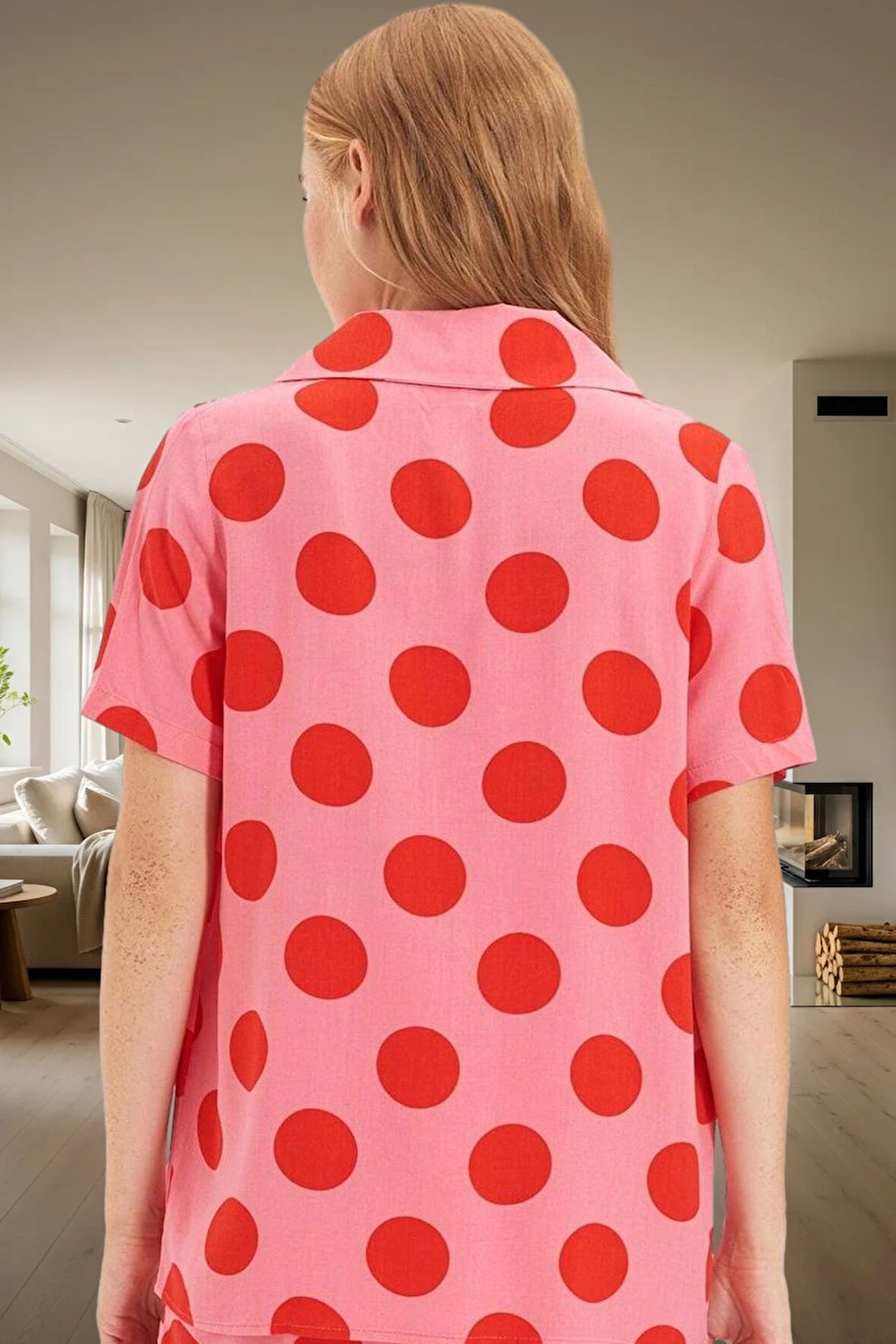 Şık Puantiyeli Viskon Pijama Takımı Dokuma Kumaş Regular Kalıp Yazlık Dayanıklı Malzeme