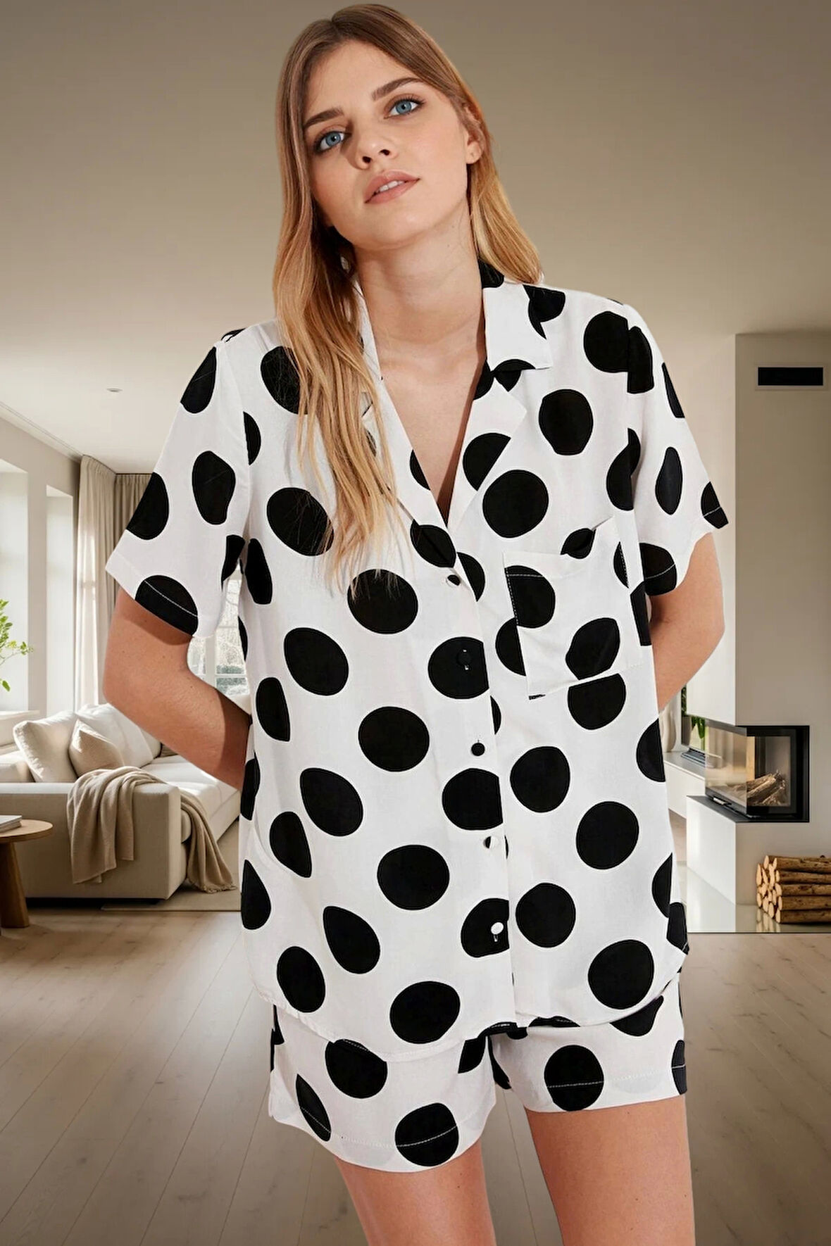 Şık Puantiyeli Viskon Pijama Takımı Dokuma Kumaş Regular Kalıp Yazlık Dayanıklı Malzeme