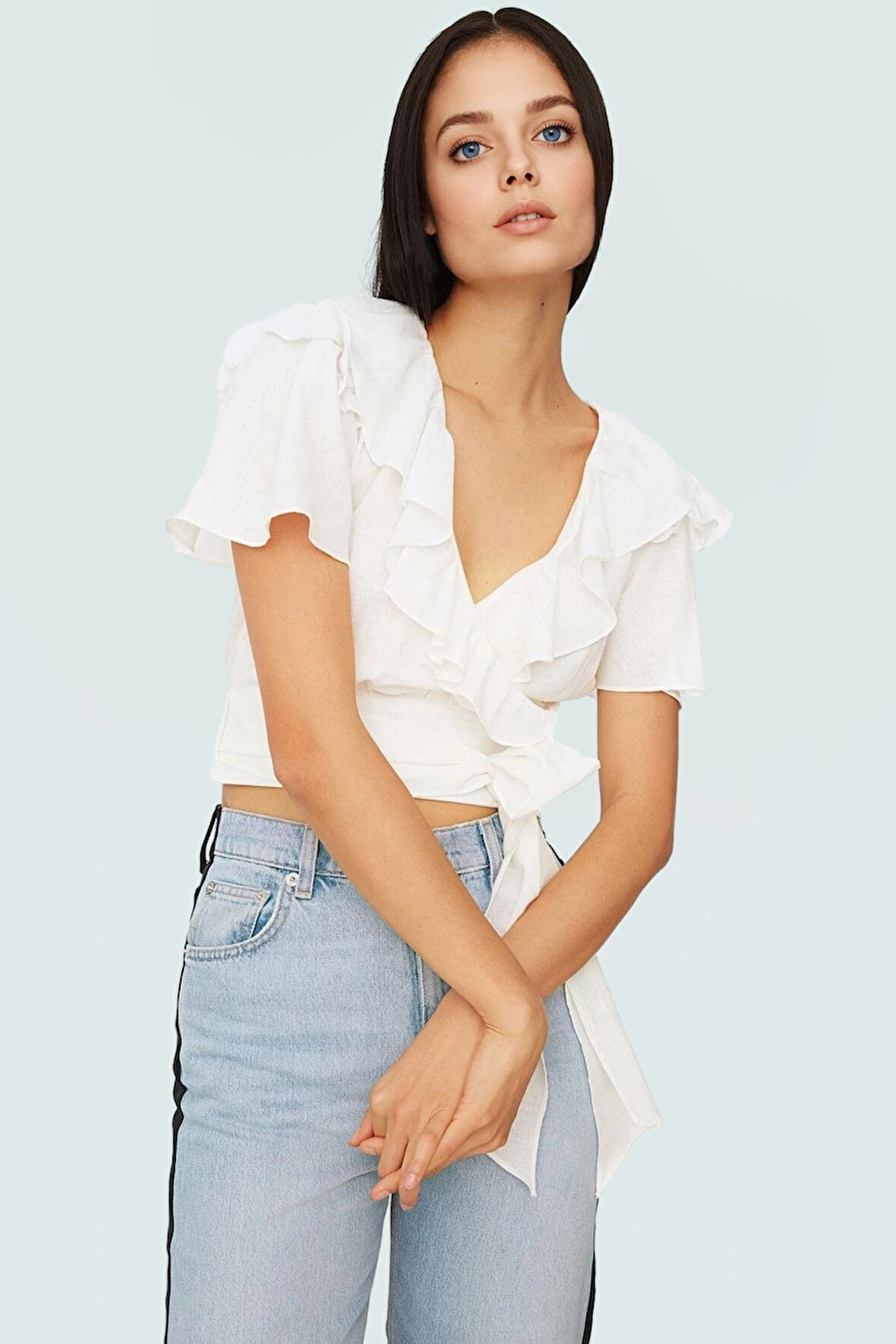 100 Pamuk Bluz V Yaka Melek Kol Rahat Kesim Yazlık Profesyonel Görünüm Uzun Ömürlü