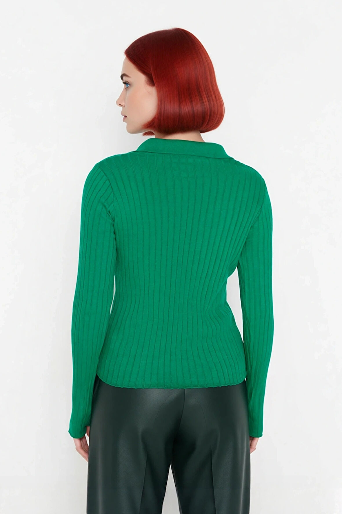 Kadınlar İçin Uzun Kollu Regular Fitilli Triko Kazak Polo Yaka Detaylı Kışlık Şık Görünüm Kaliteli