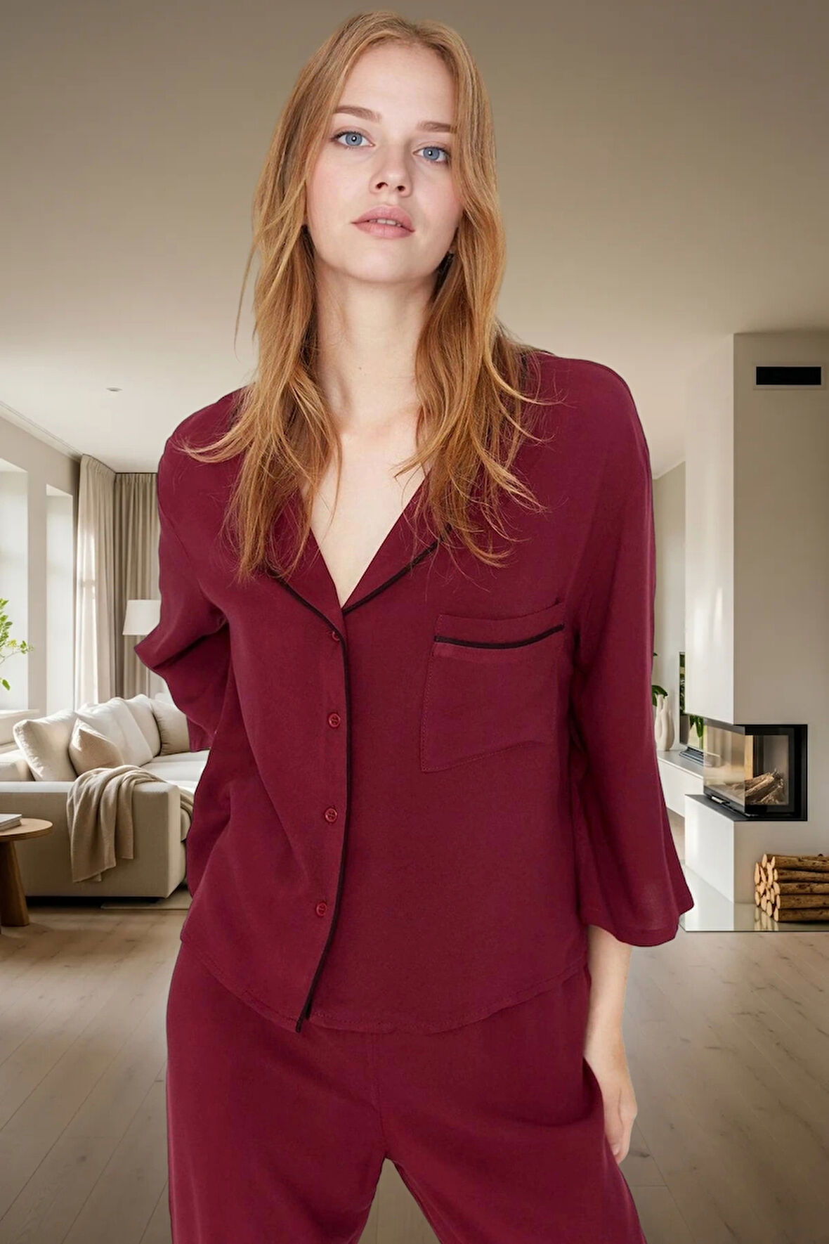 Ev Giyim Pijama Takımı Viskon Shally Dokuma Kışlık Modern Stil Özel Tasarım