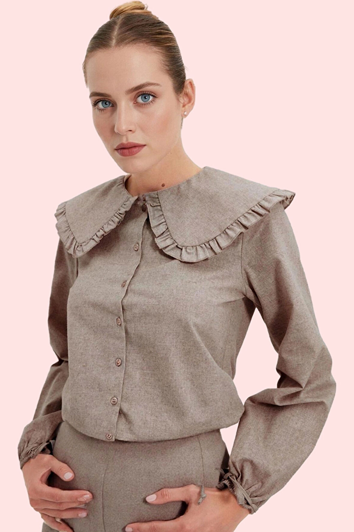 Kadın Pamuklu Dokuma Gömlek Regular Kalıp Bebe Yaka Kışlık Günlük Kullanım Kaliteli Malzeme