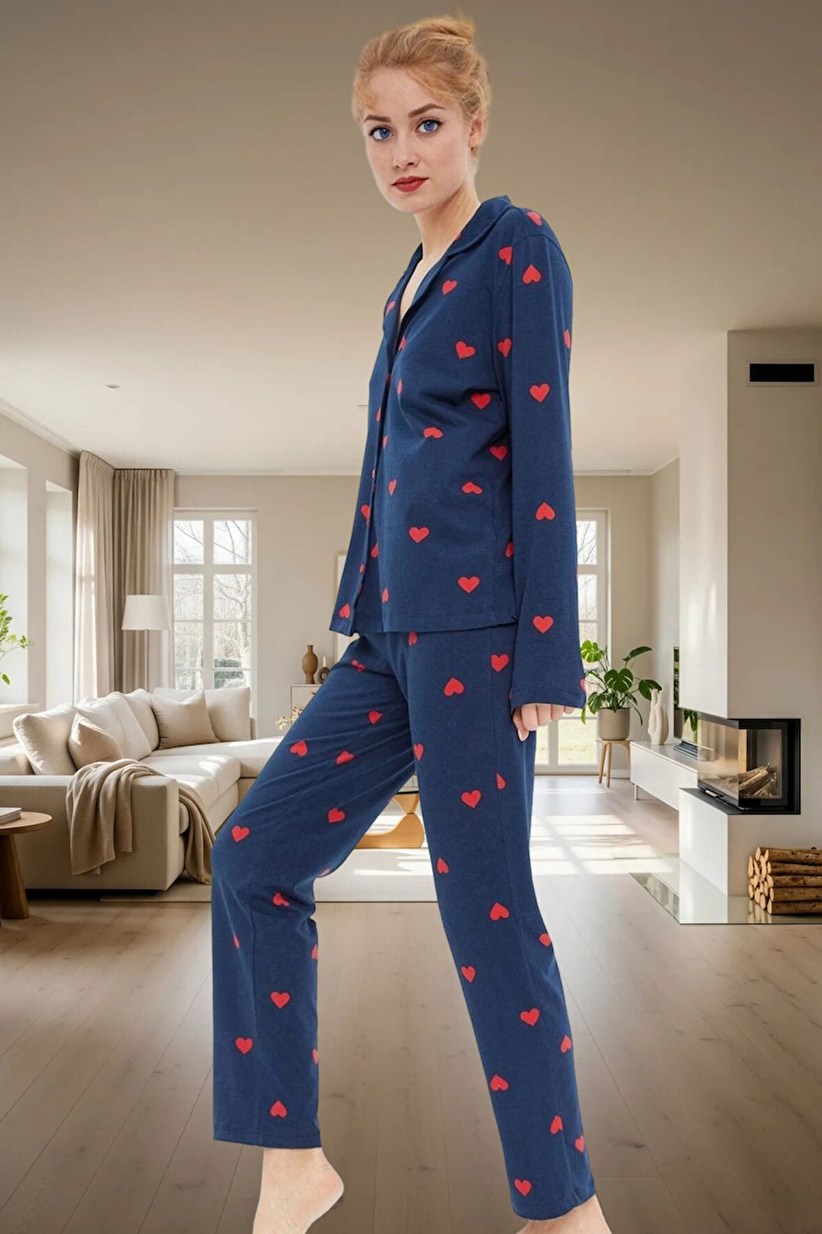 Rahat ve Şık %100 Pamuklu Kalpli Pijama Takımı Kış İçin İdeal Zarifane Tasarım