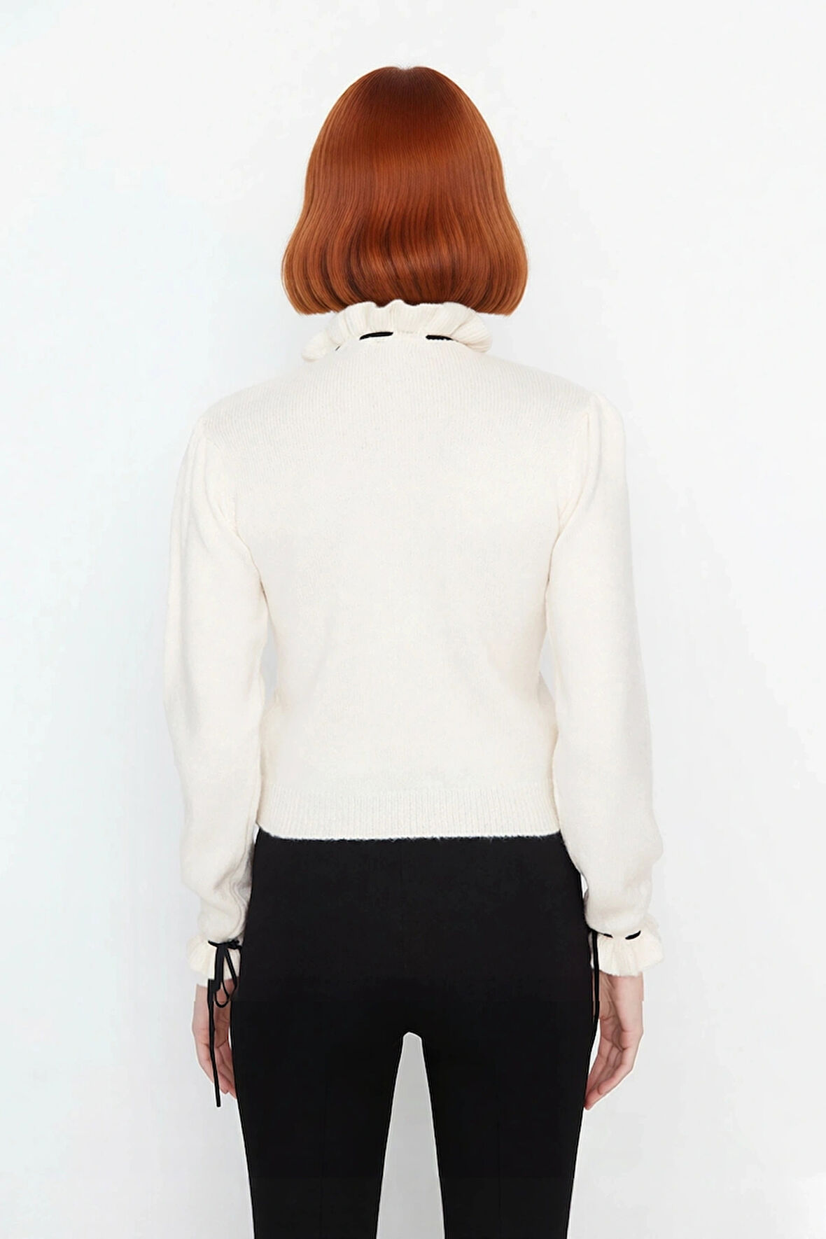 Kadın Casual Regular Kalıp Ajurlu Dik Yaka Bağcıklı Standart Kollu Triko Kazak Soğuk Havalar İçin