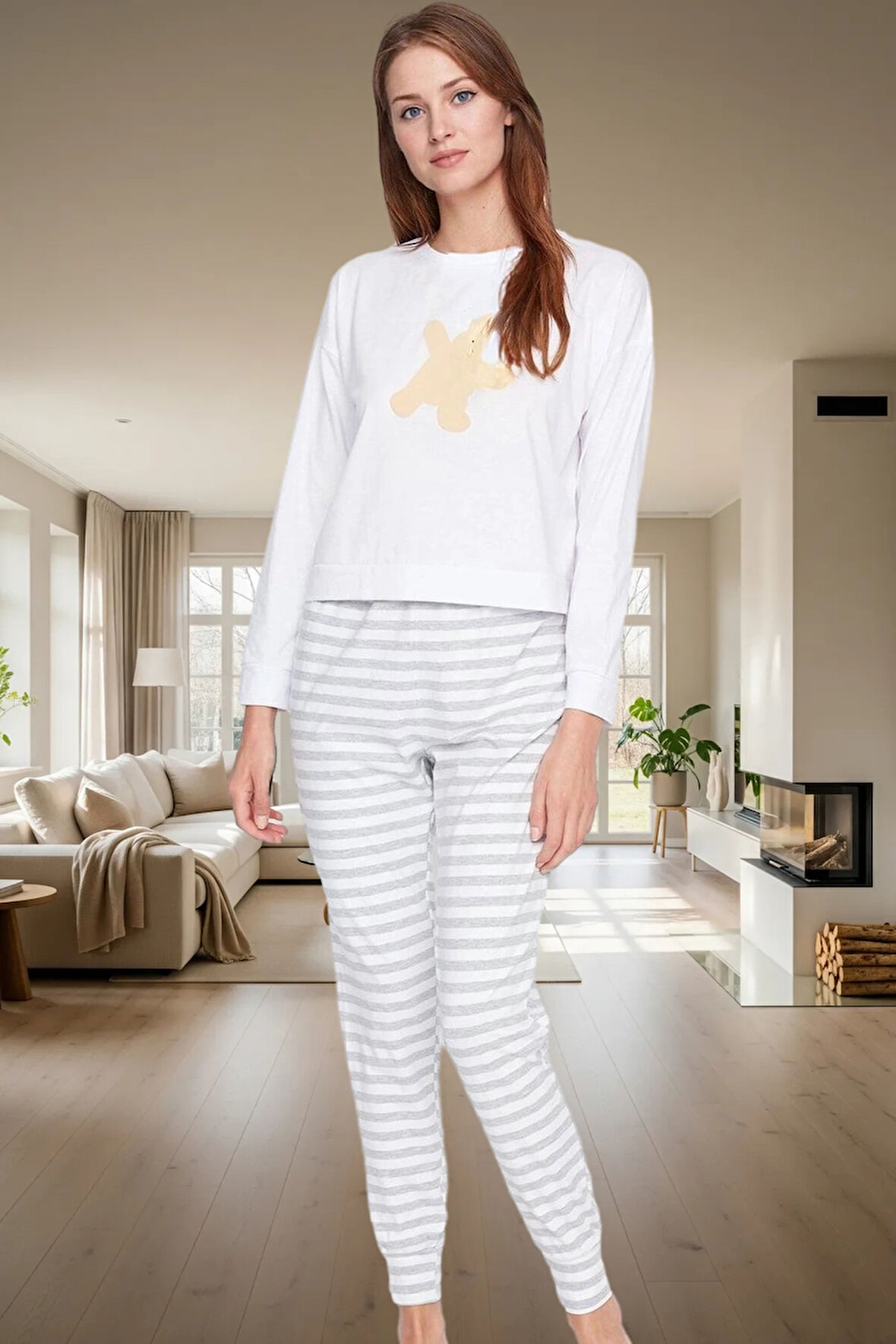 Çizgili Pijama Takımı %100 Pamuk Ayıcıklı Lastikli Paça Regular Kalıp Seçkin Malzeme