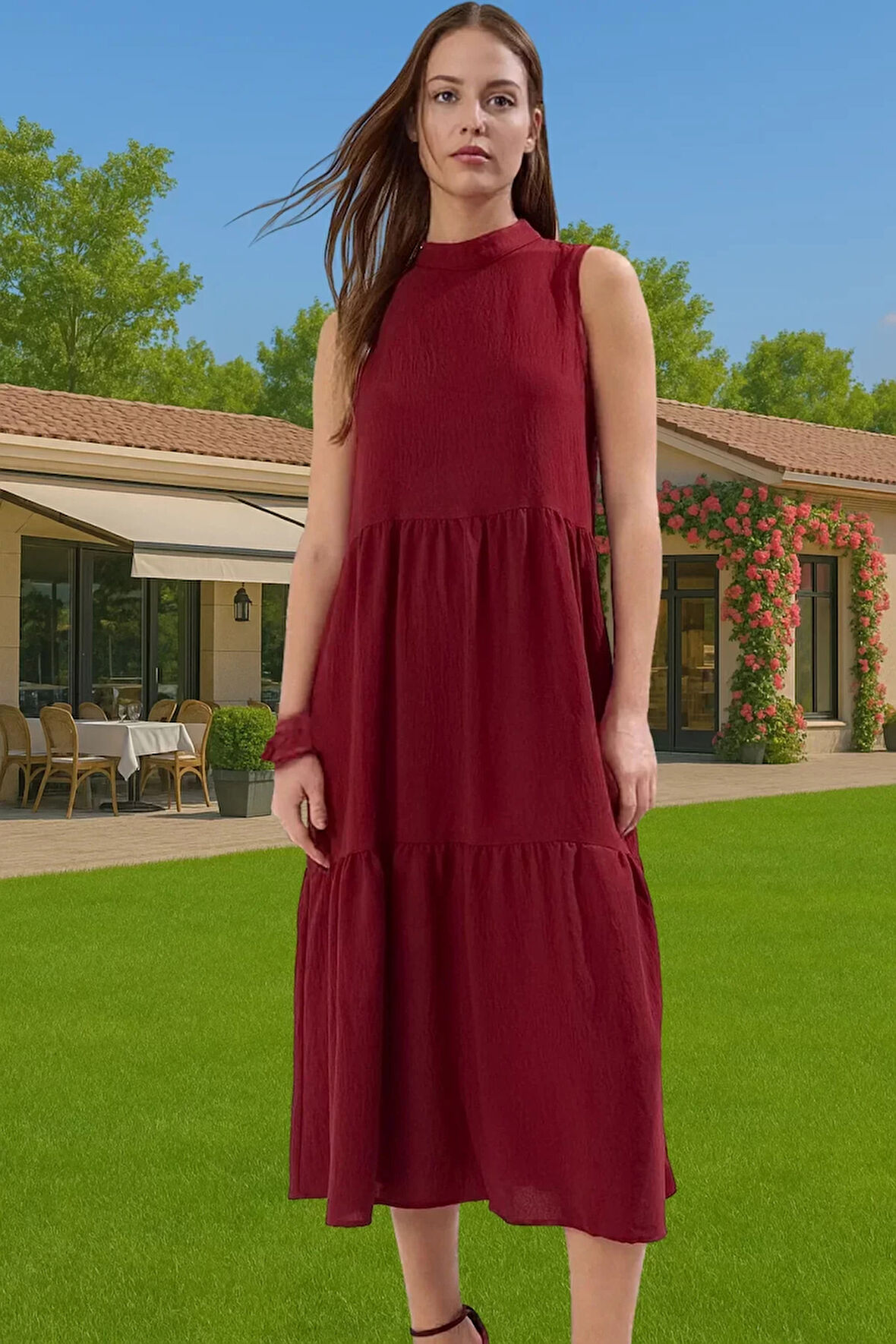 Kadın Yazlık Midi Elbise Nefes Alan Polyester Dokuma Kumaş Rahat Trend Tasarım Modern Stil