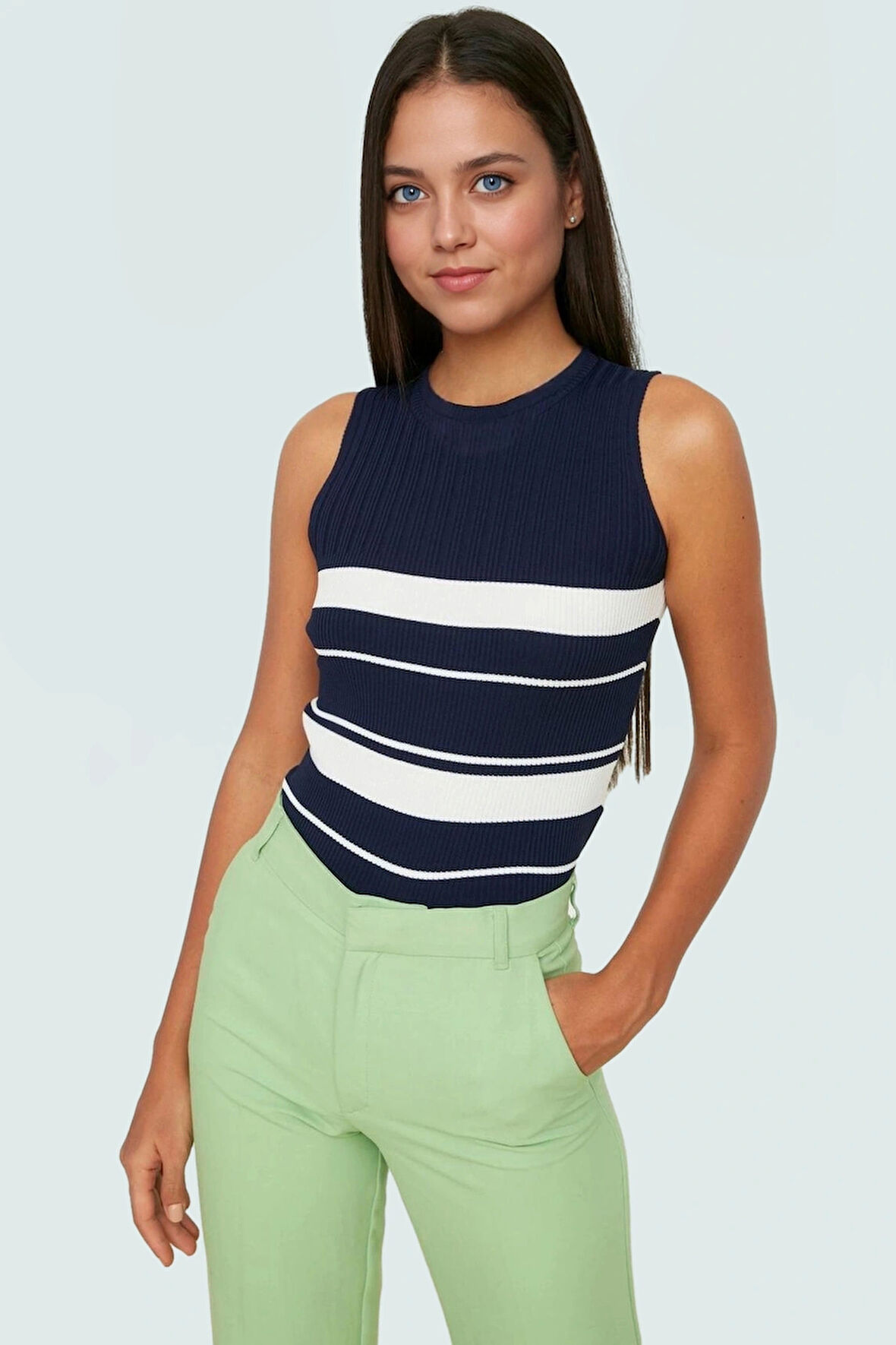 Yazlık Kadın Bluz Triko Kumaş Renk Bloklu Bisiklet Yaka Trend Tasarım Premium Kalite