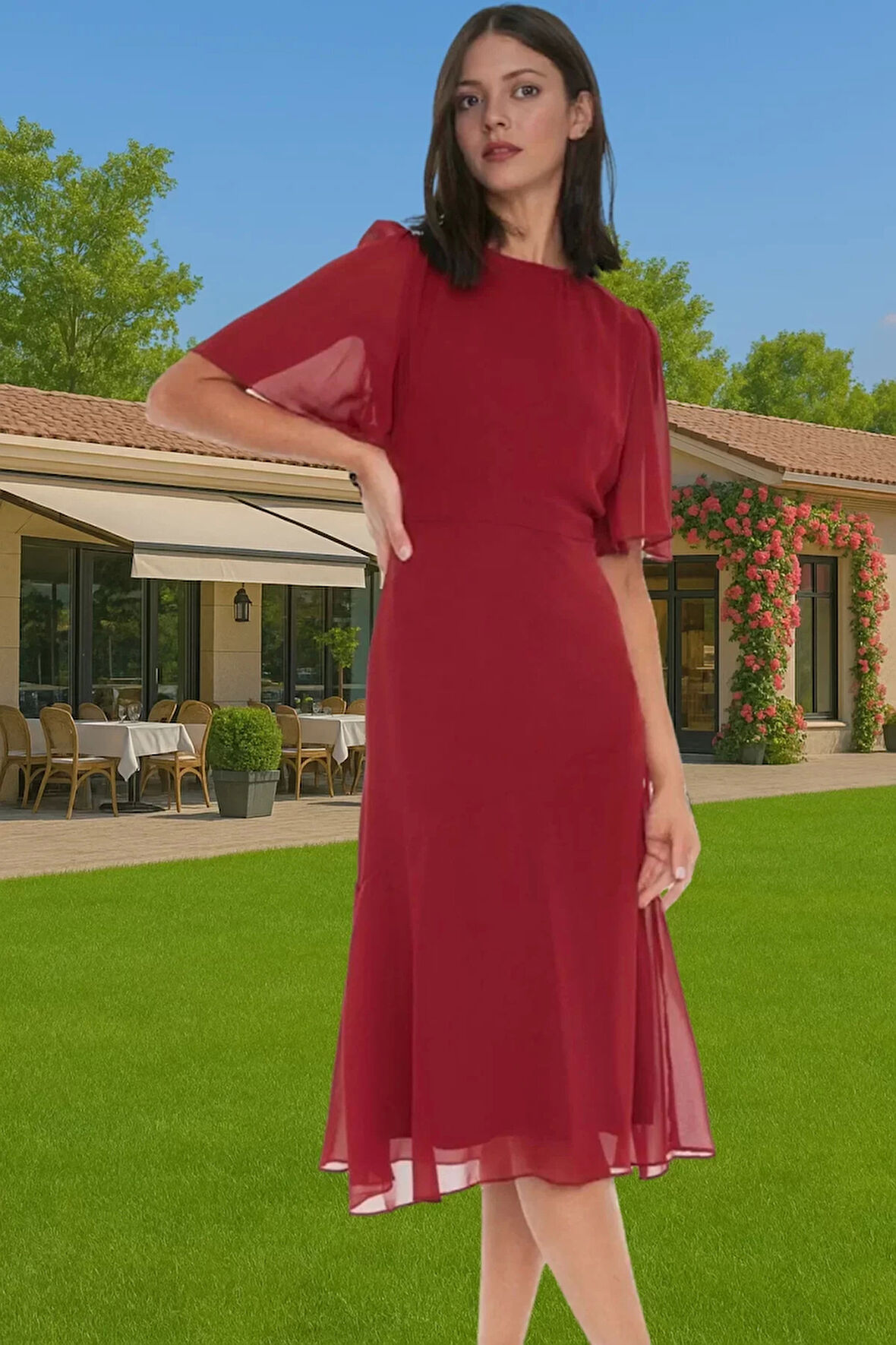 Polyester Midi Elbise Şifon Kumaş A Kesim Melek Kol Astarlı Zarifane Tasarım Trend Tasarım