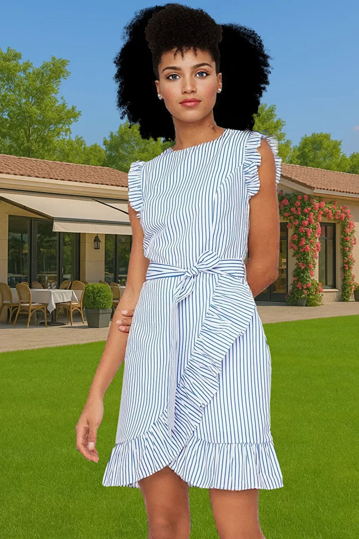 Yazlık Kadın Mini Elbise Poplin Kumaş Çizgili Desen Bel Kuşağı Uzun Ömürlü Kaliteli İşçilik