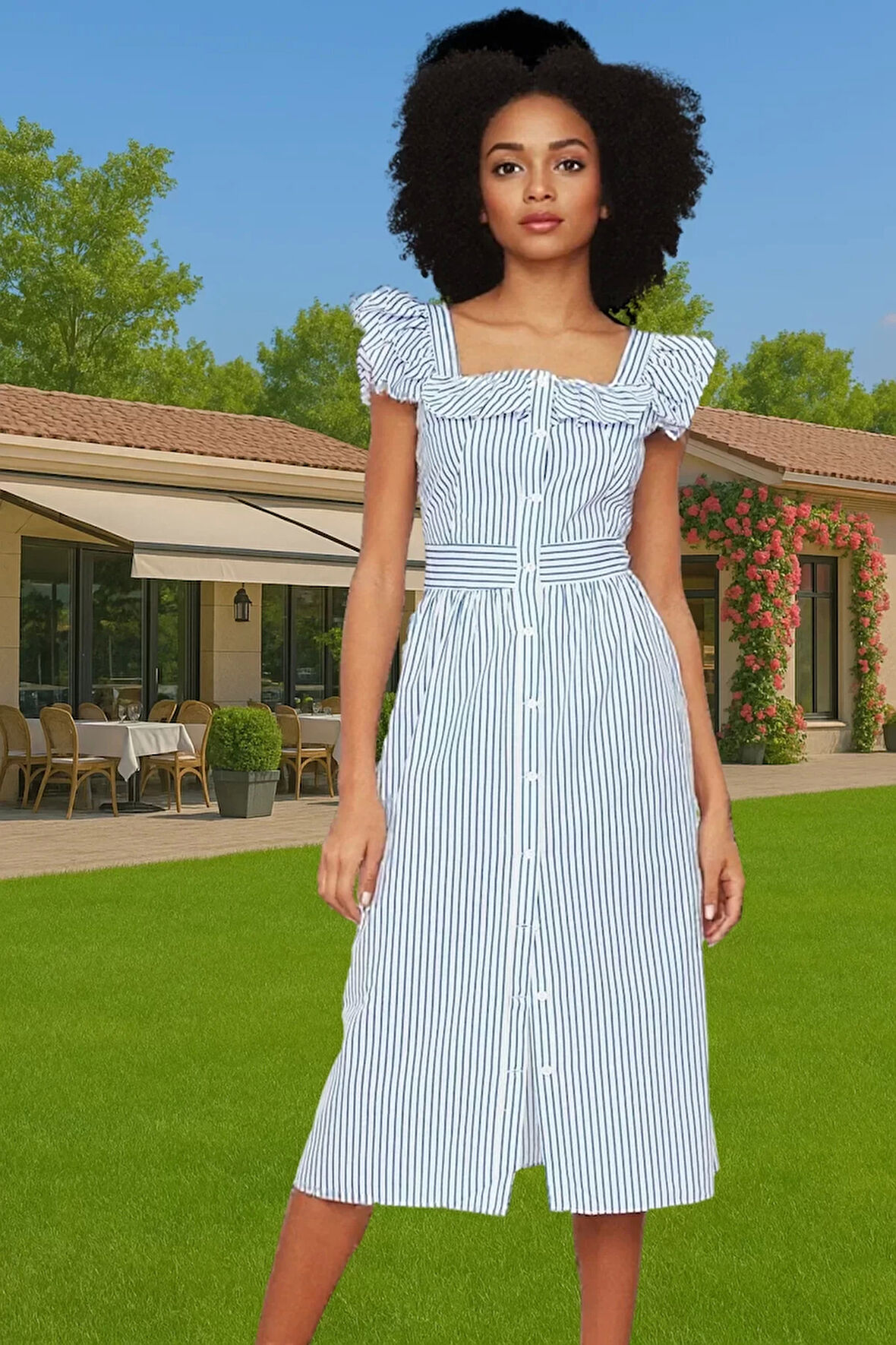 Şık Çizgili Midi Gömlek Elbise Pamuk Polyester Nefes Alabilir Yazlık Modern Stil Seçkin Malzeme