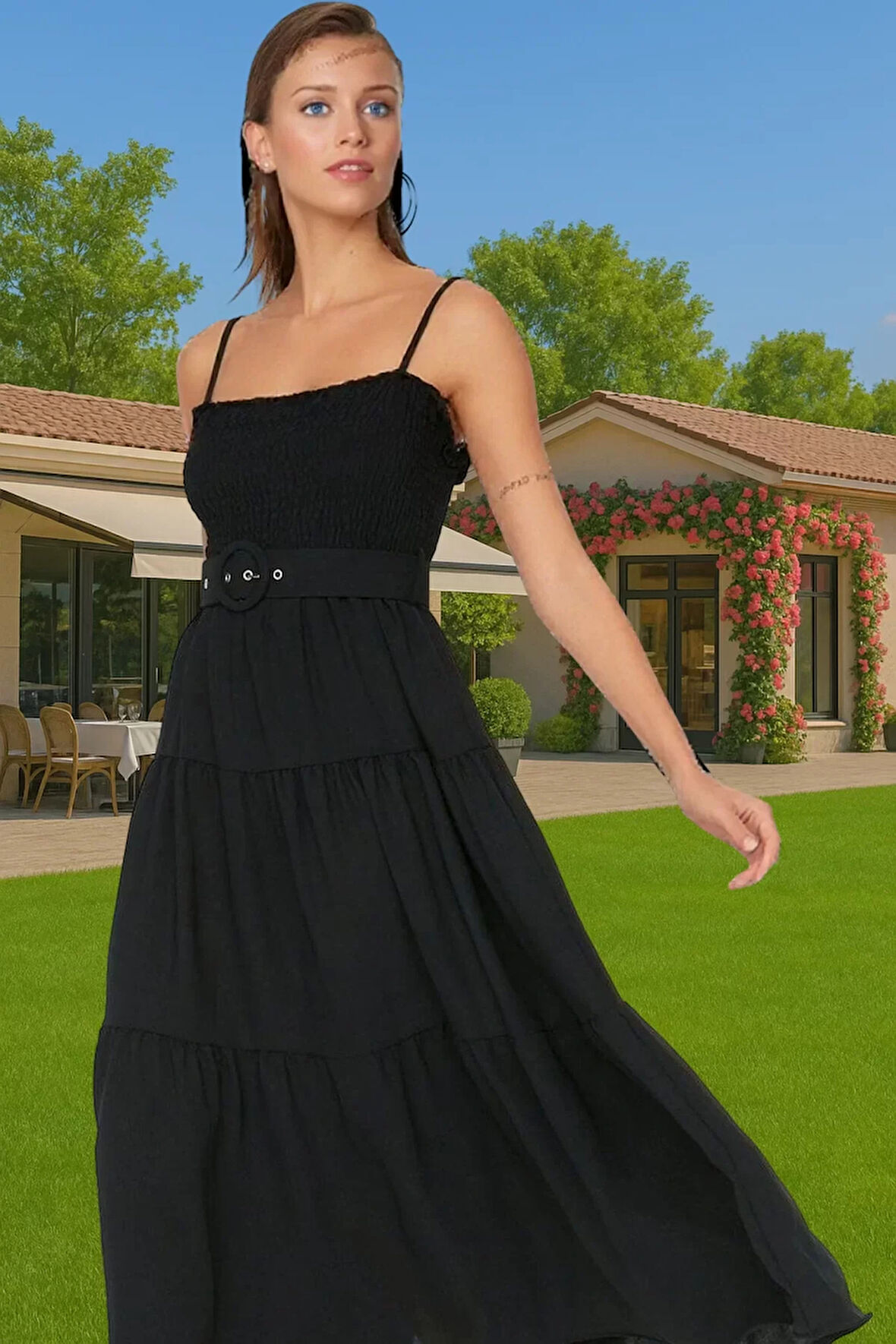 Kadın Askılı Bel Kemerli Midi Polyester Dokuma Elbise Rahat Günlük Stil Rahat Ve Şık Mükemmel Uyum