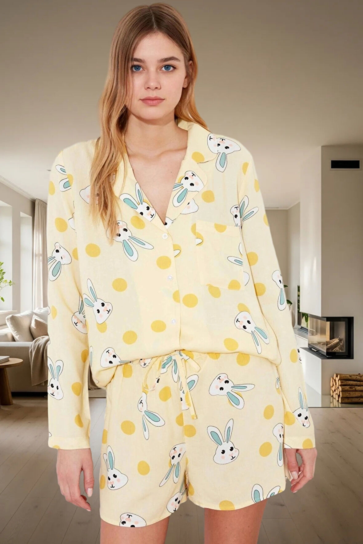 Şortlu Pijama Takımı Tavşan Desenli 100% Viskon Dokuma Kumaş Regular Kalıp Rahat Uyku
