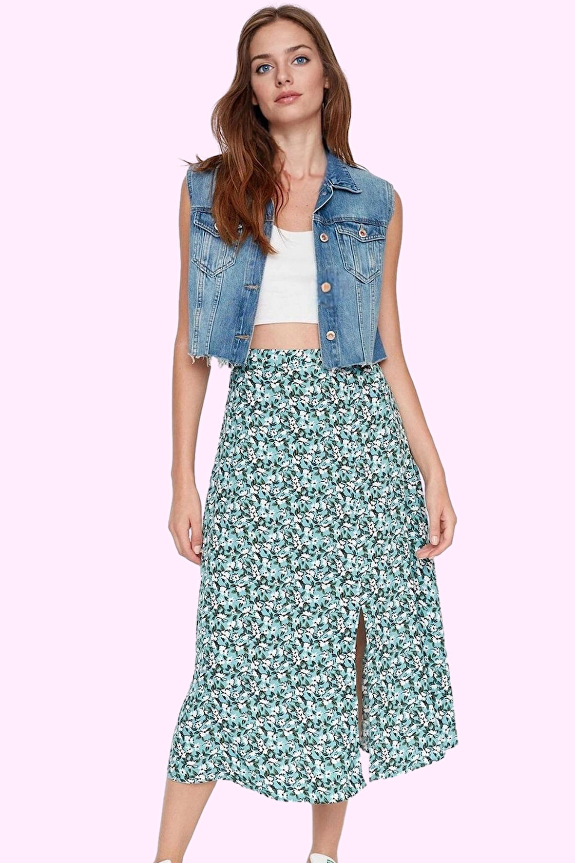 Kadın A line Midi Etek Dokuma Kumaş Viskoz Cepsiz Çiçek Desenli Günlük Yaz Aylarının Vazgeçilmezi