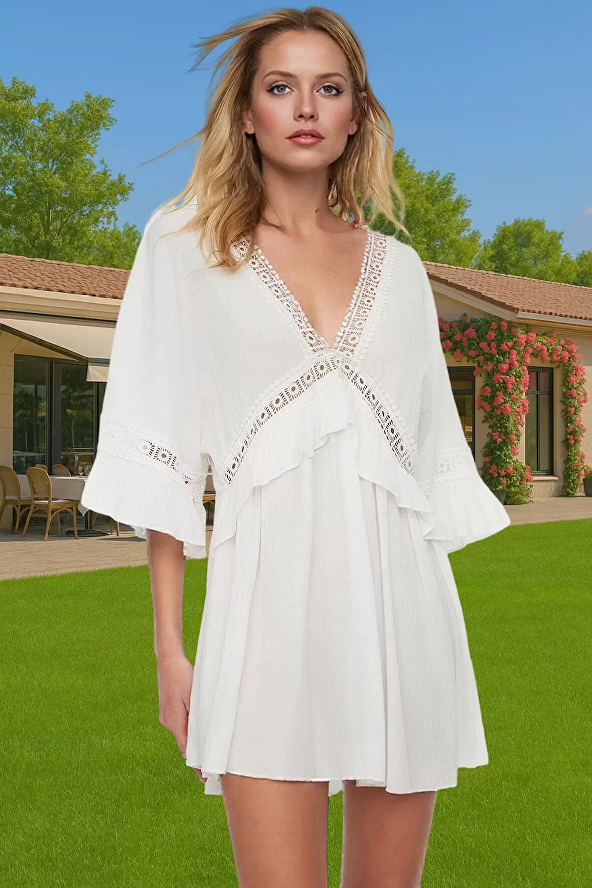 Kadın Yazlık Mini Elbise Crinkle Dokuma V Yaka Şerit Detaylı Rahat Zarifane Tasarım Şık Görünüm