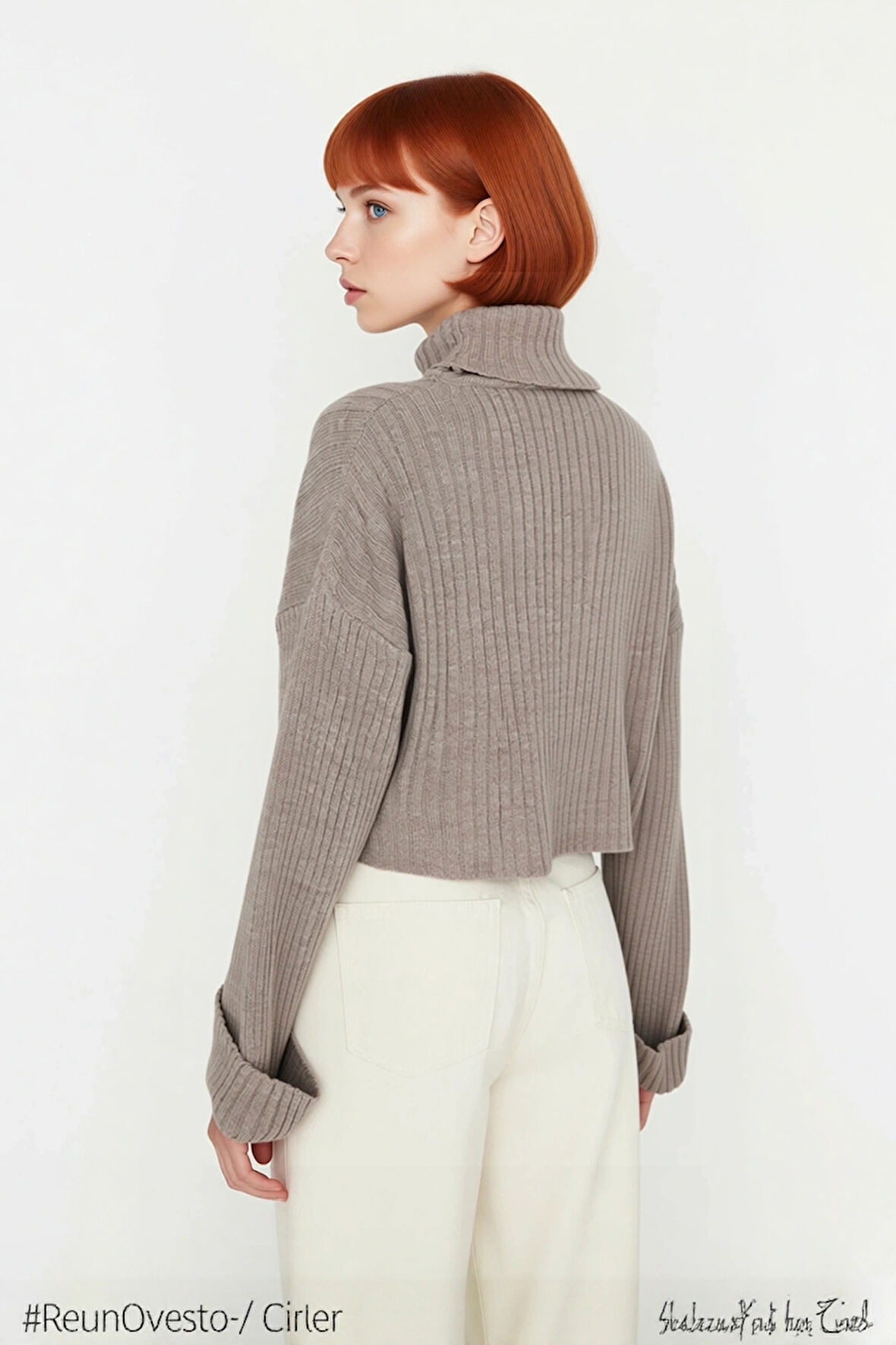 Kadın Oversize Super Crop Balıkçı Yaka Akrilik Triko Kazak Kışlık Günlük Stilinize Yenilik