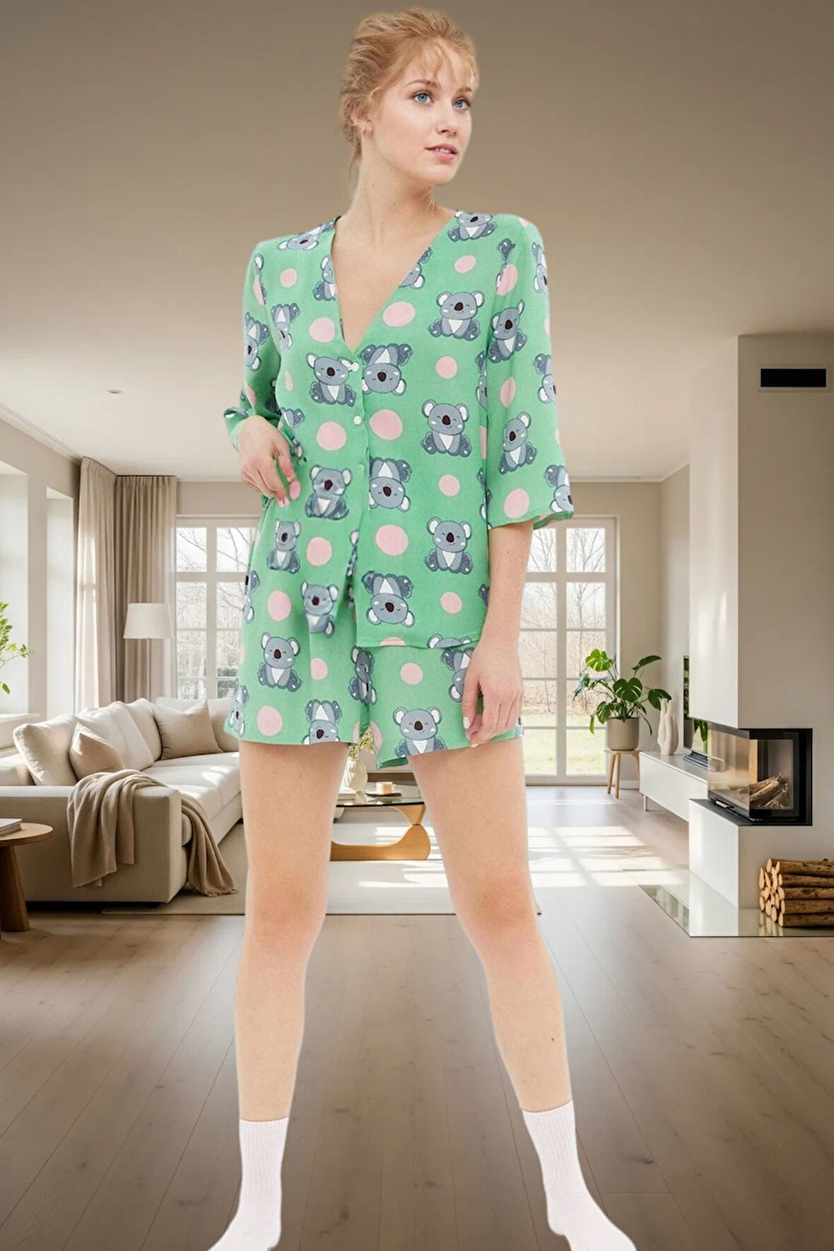 Rahat ve Şık Koala Desenli Pijama %100 Viskoz Truvakar Kol Kısa Şort Kullanım