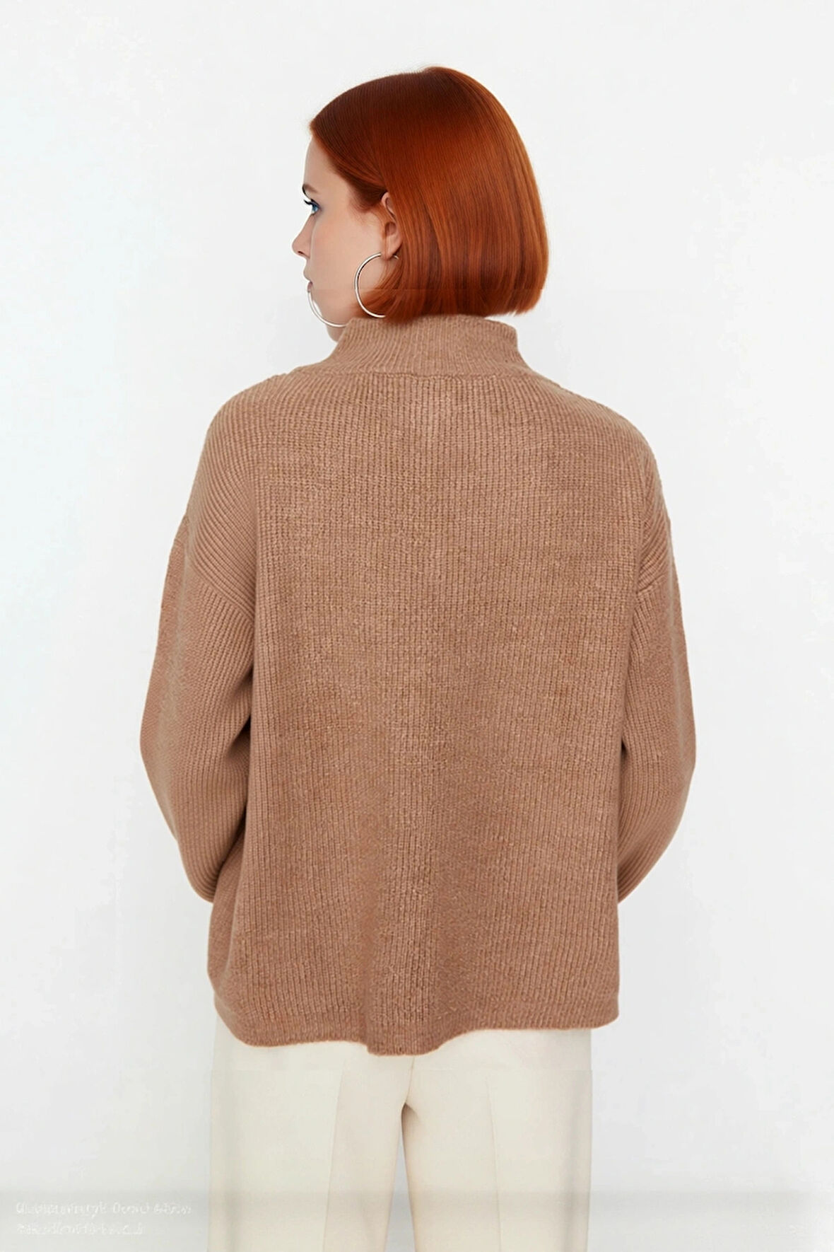 Kadın Oversize Rahat Kesim Düşük Kol Fermuarlı Dik Yaka Triko Selanik Örgü Uzun Kollu Kazak