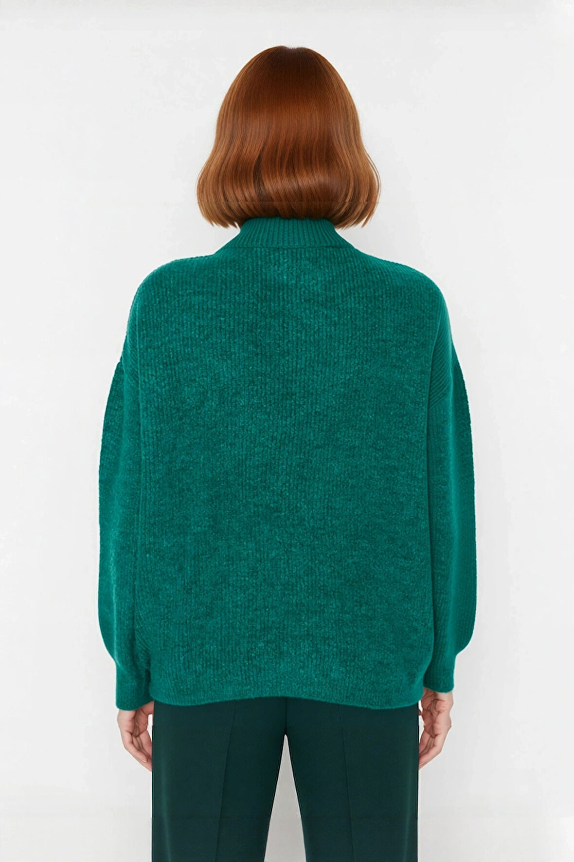 Kadın Oversize Rahat Kesim Düşük Kol Fermuarlı Dik Yaka Triko Selanik Örgü Uzun Kollu Kazak