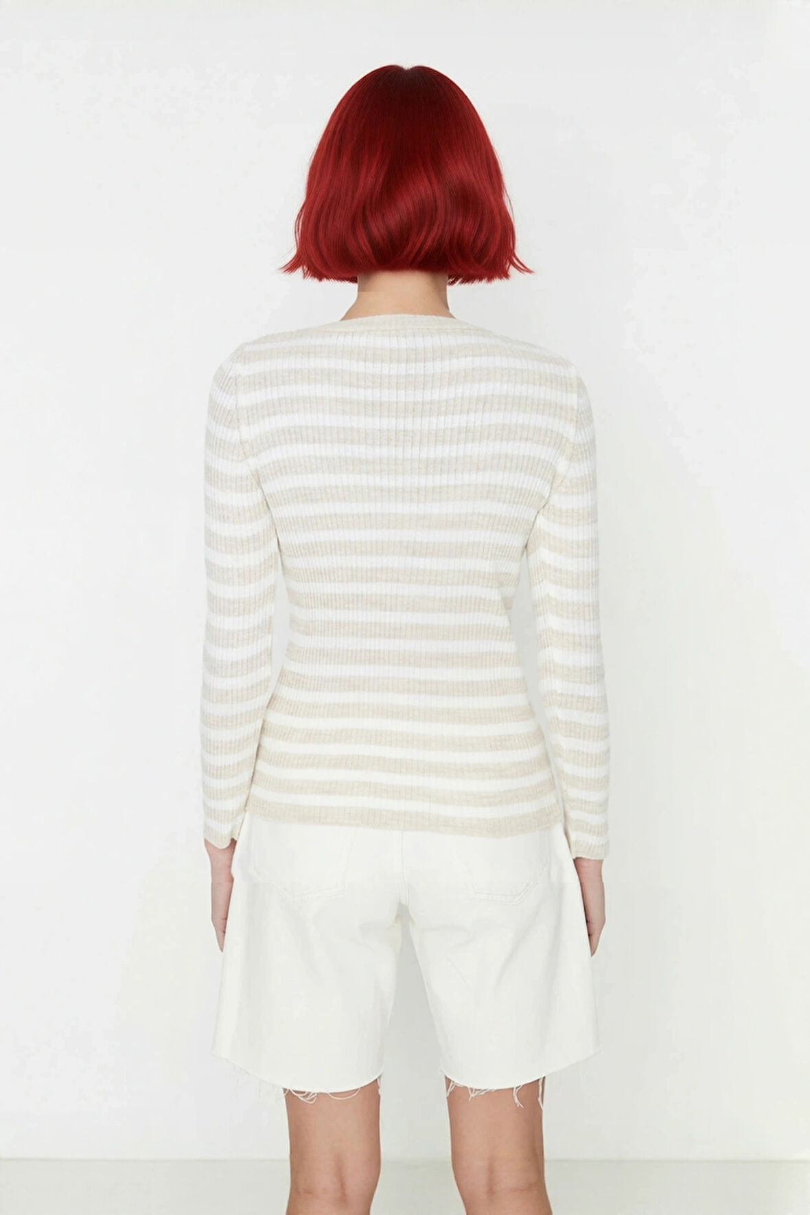 Kadın Casual Çizgili Bisiklet Yaka Fitted Akrilik Uzun Kol Triko Basic Günlük Kazak Kaliteli