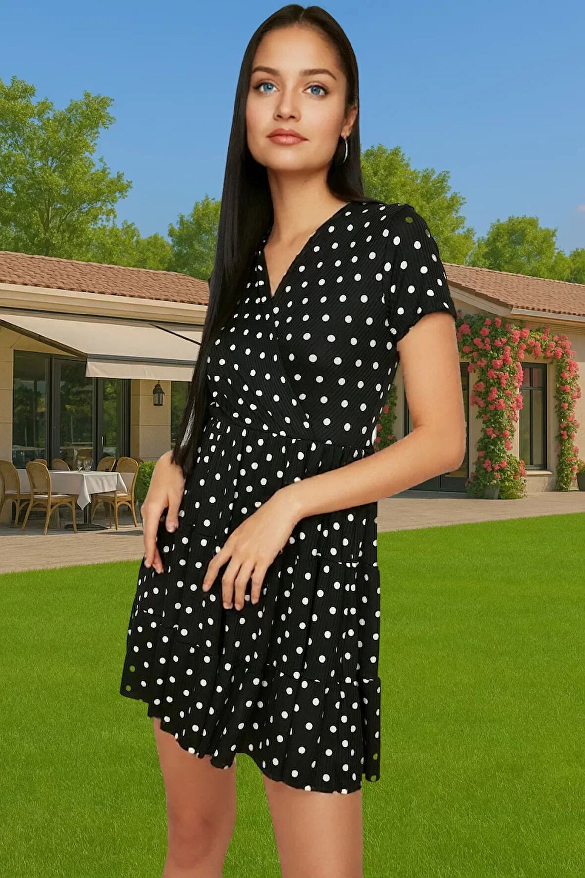 Kadın Kruvaze Yaka Mini Elbise Örme Kumaş Casual Günlük Konforlu Kesim Uzun Ömürlü Dayanıklı Malzeme