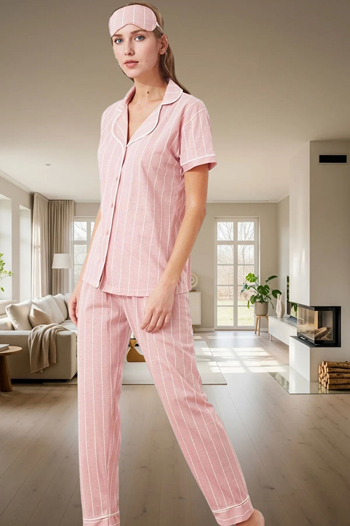 Çizgili Homewear Pijama Takımı Pamuk ve Polyester Karışımı Yüksek Kalite Mükemmel Uyum