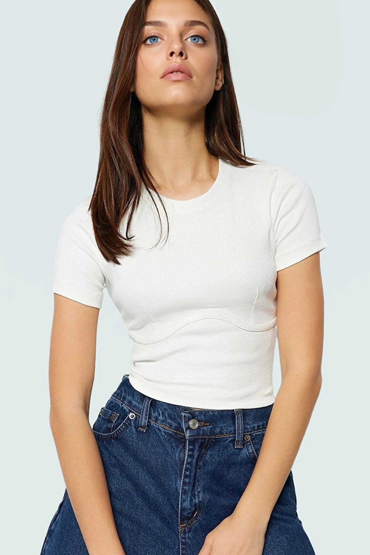 Örme Crop Bluz Bisiklet Yaka Fitted Kalıp Pamuklu Yazlık Kemersiz Uzun Ömürlü