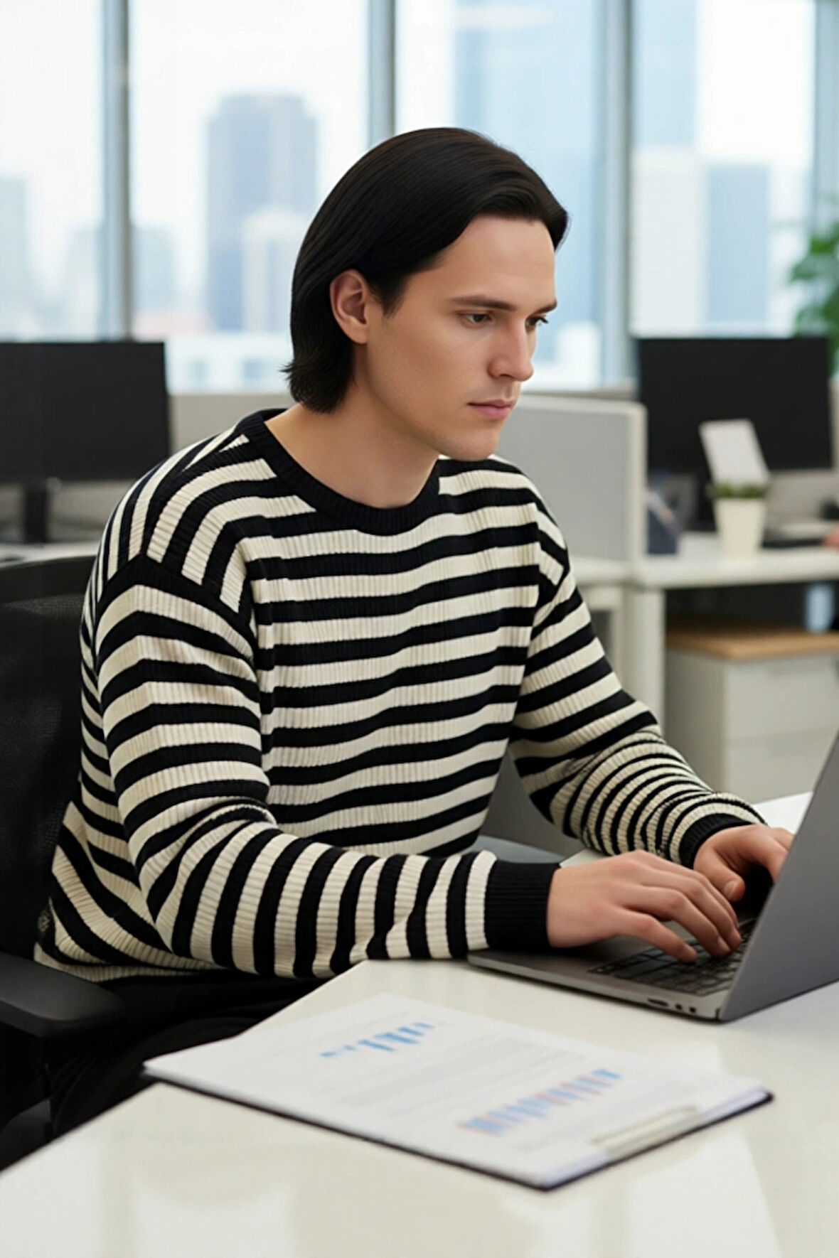 Erkek Basic Rahat Oversize Kalıp Çizgili Bisiklet Yaka Triko Kazak Uzun Kollu Fitilli Tasarım