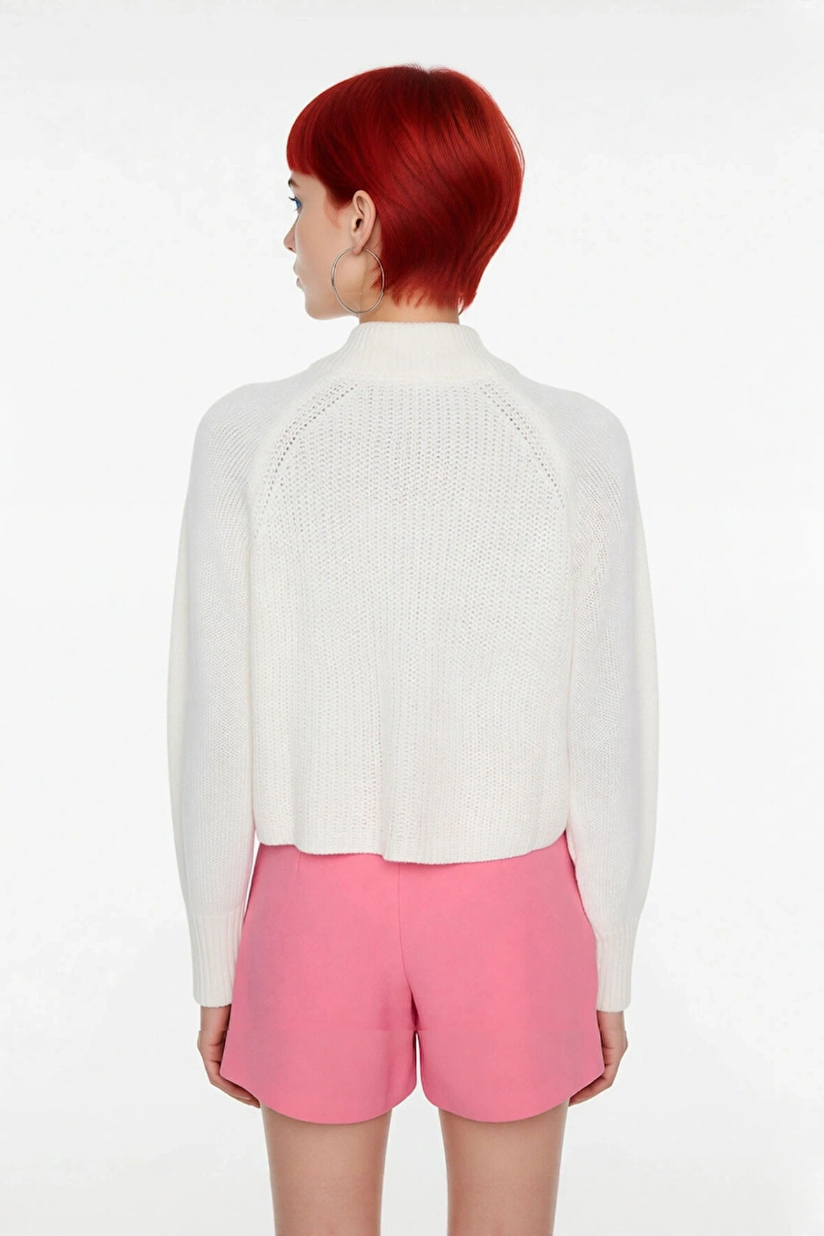 Kadın Selanik Dokuma Regular Kalıp Crop Dik Yaka Fermuarlı Uzun Kollu Triko Kazak Günlük Şıklık