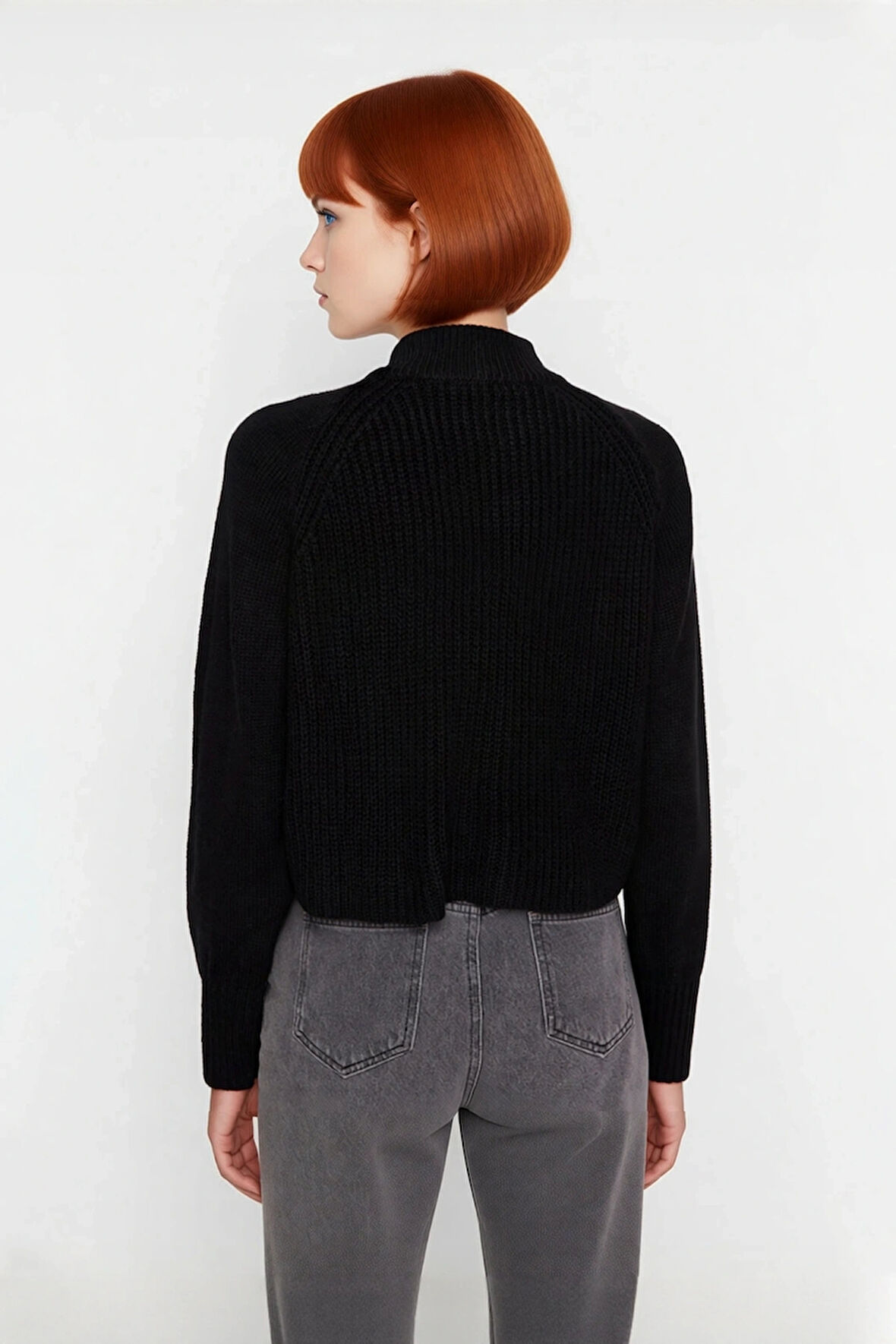 Kadın Selanik Dokuma Regular Kalıp Crop Dik Yaka Fermuarlı Uzun Kollu Triko Kazak Günlük Şıklık