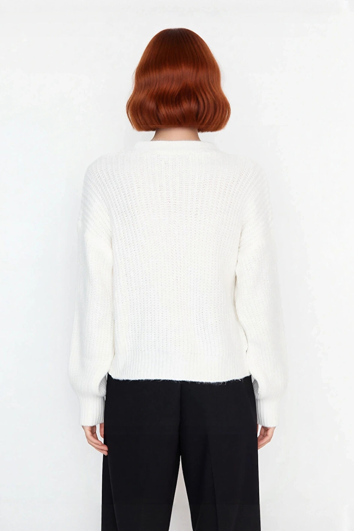 Kadın Kışlık Triko Kazak Regular Kalıp V Yaka Saç Örgü Düşük Kol Crop Fiyonk Detaylı Tasarım