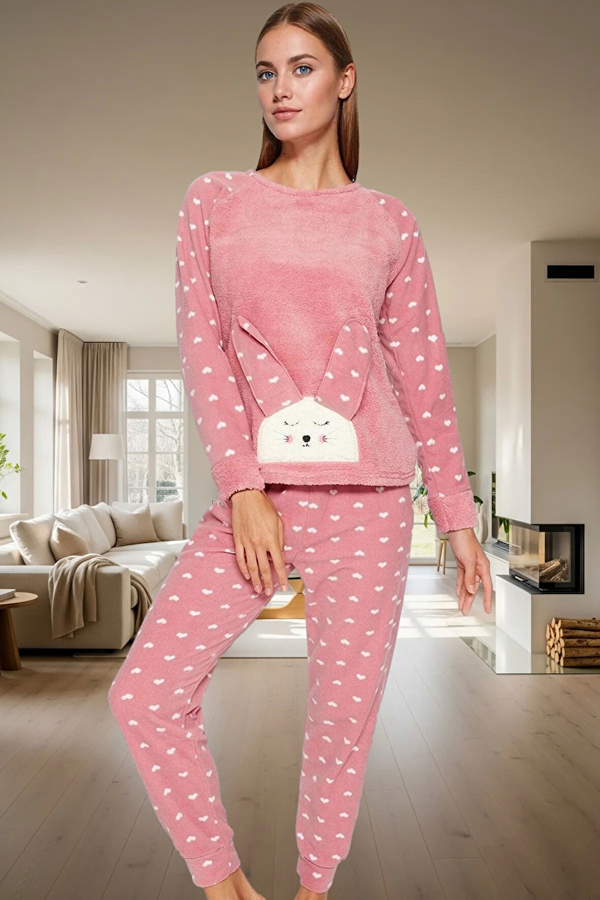 Yumuşak Polar Kumaşlı 3lü Pijama Takımı Kalpli Desenli Kışlık Set Trend Tasarım