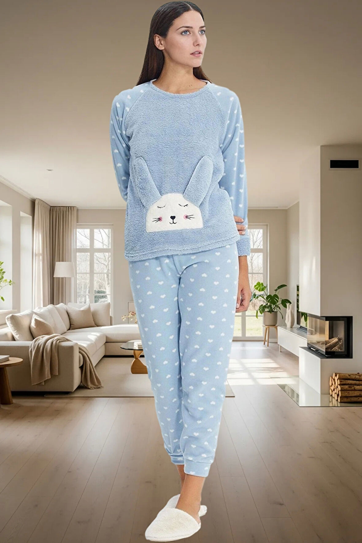 Yumuşak Polar Kumaşlı 3lü Pijama Takımı Kalpli Desenli Kışlık Set Trend Tasarım