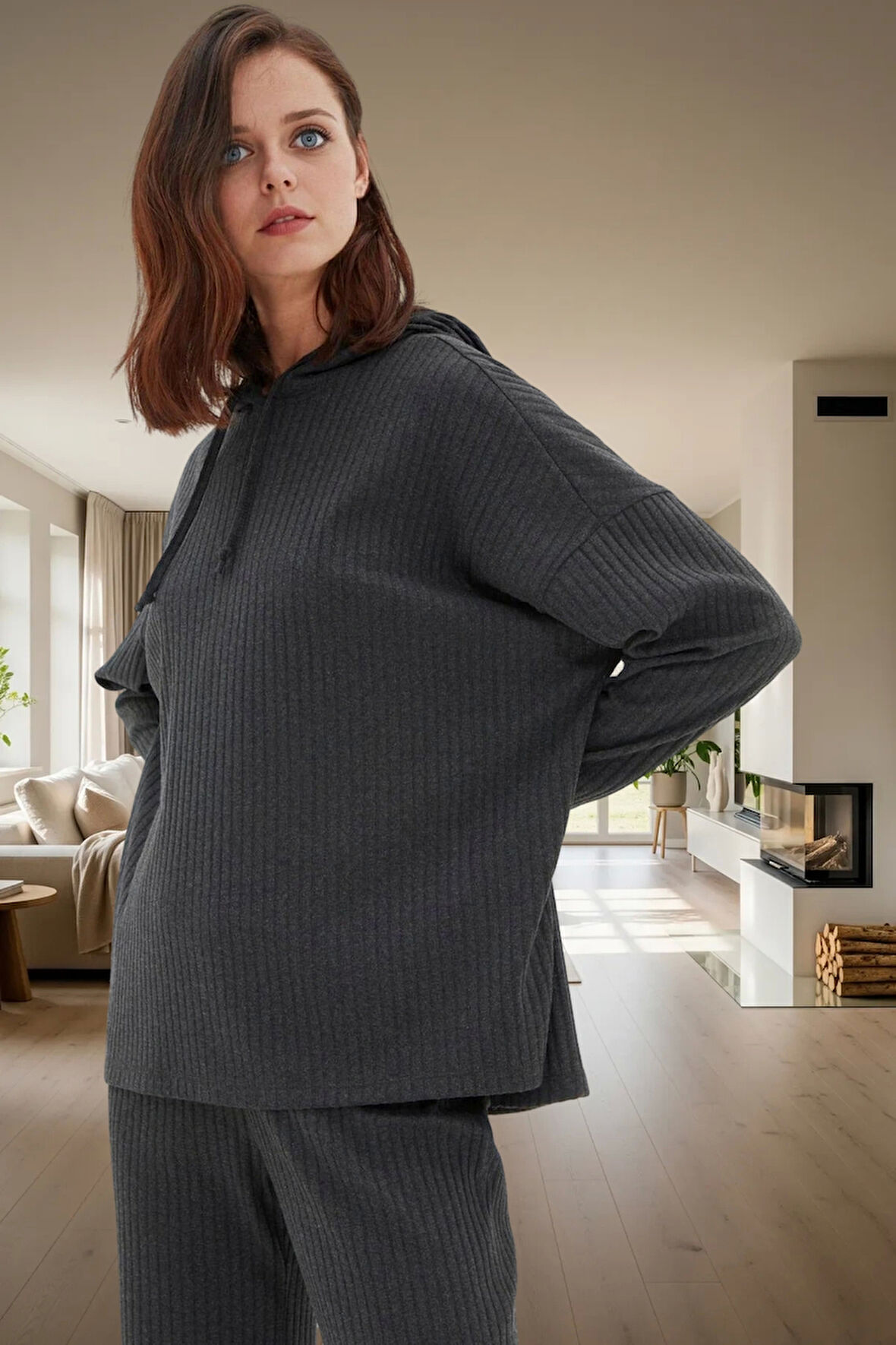 Kapüşonlu Uzun Kollu Pijama Takımı Polyester Pamuk Karışımı Rahat Yüksek Kalite Ve Şık