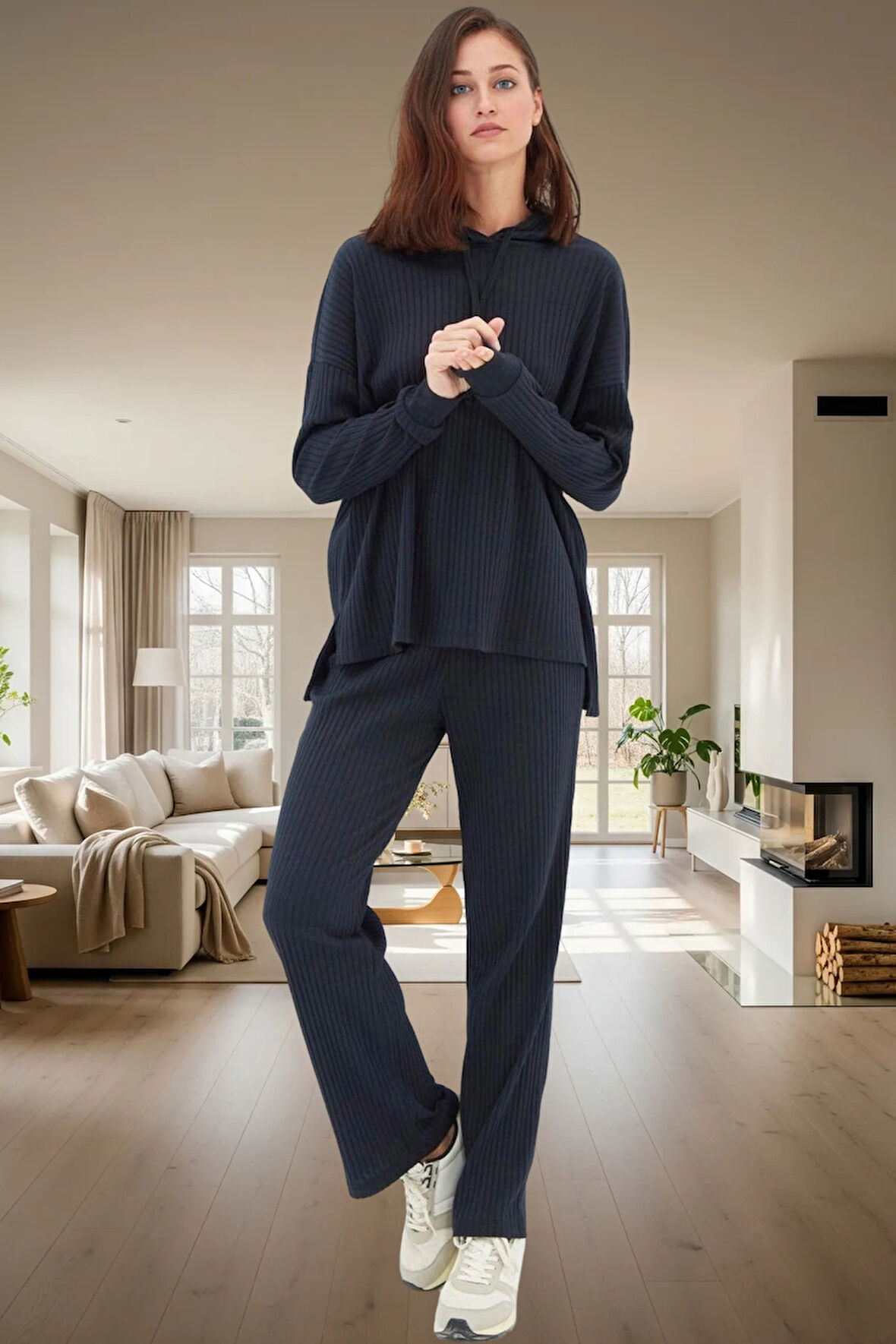 Kapüşonlu Uzun Kollu Pijama Takımı Polyester Pamuk Karışımı Rahat Yüksek Kalite Ve Şık